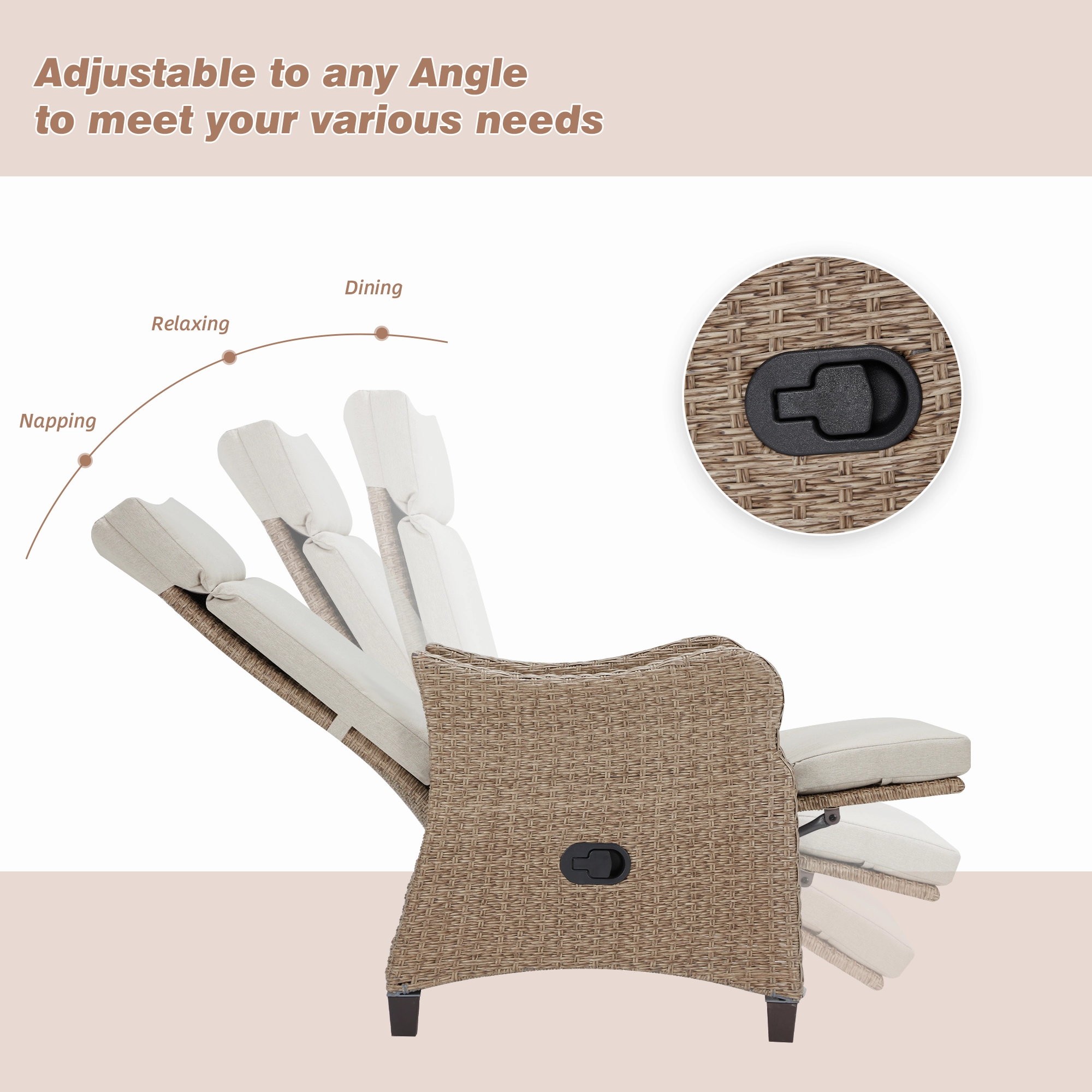Homrest Outdoor Recliner Chair, Rattan Lounge Chair with Removable Cushion, Beige