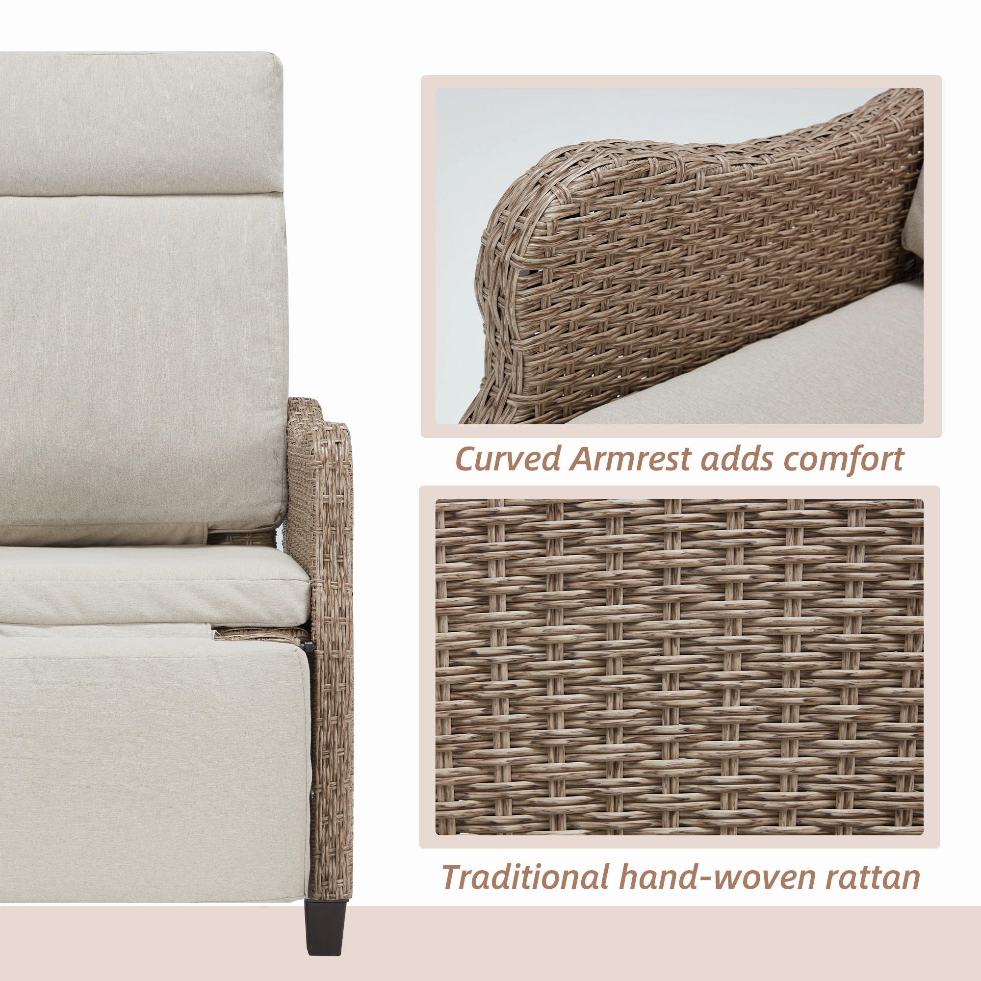 Homrest Outdoor Recliner Chair, Rattan Lounge Chair with Removable Cushion, Beige