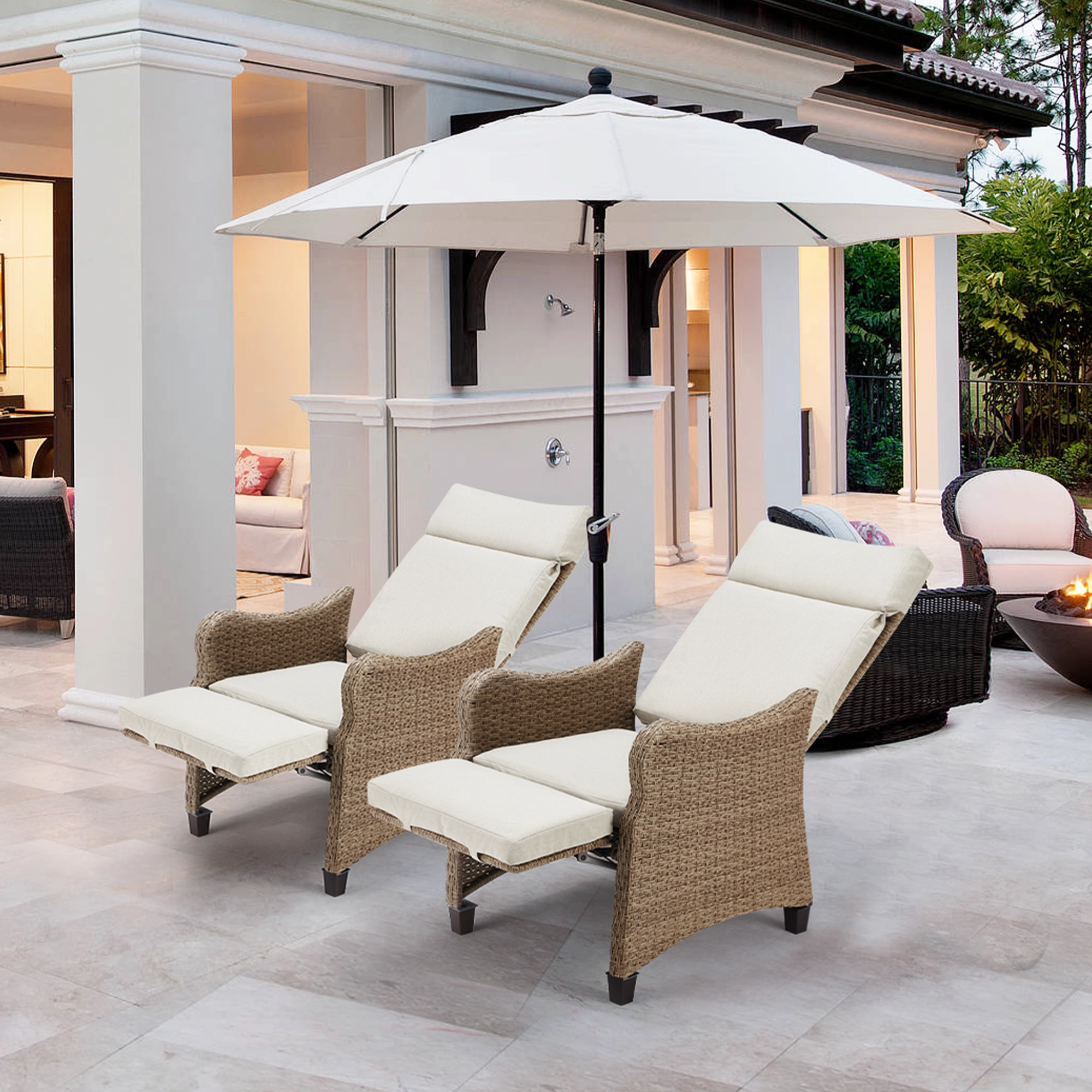 Homrest Outdoor Recliner Chair Set of 2, Rattan Lounge Chair with Removable Cushion, Beige