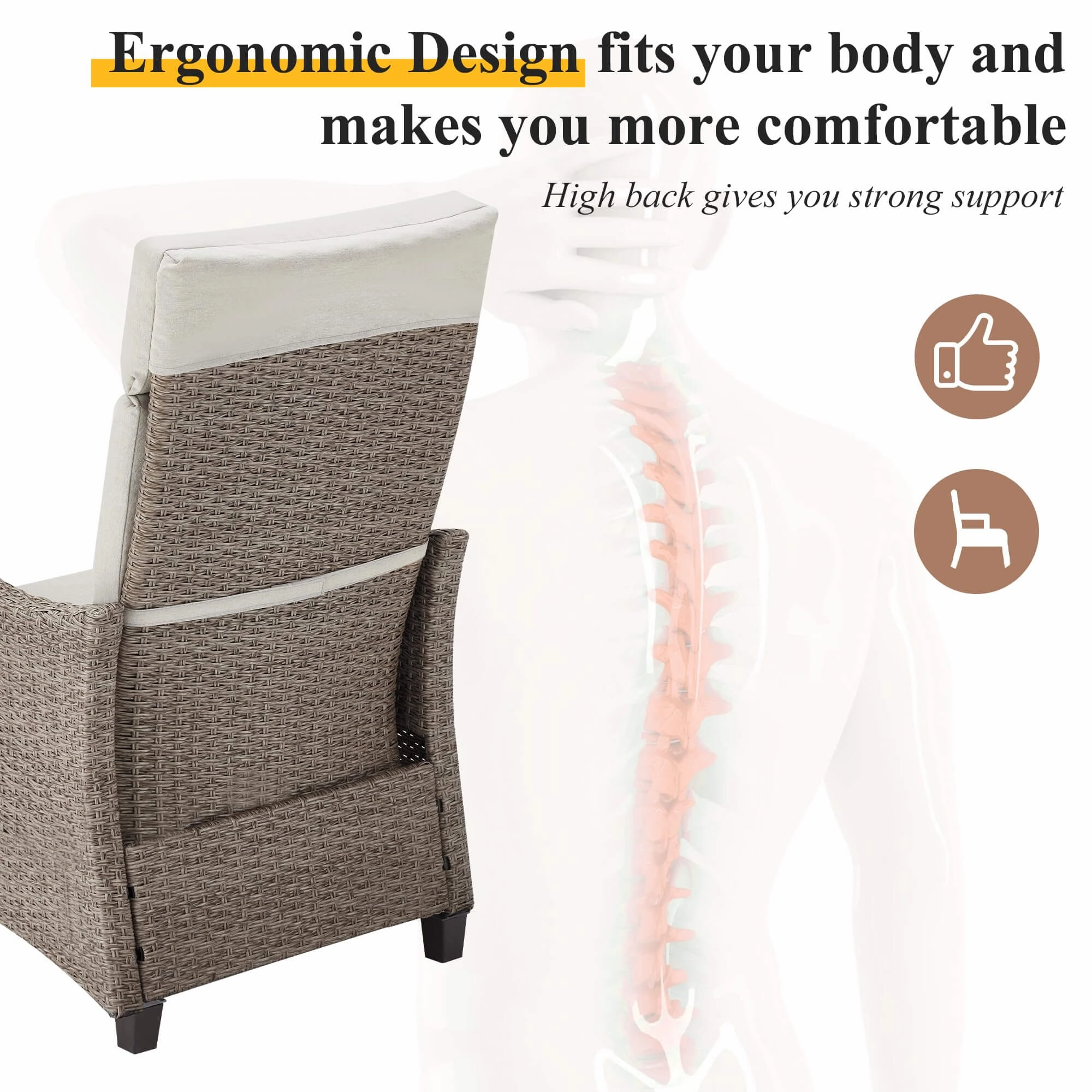 Homrest Outdoor Recliner Chair Set of 2, Rattan Lounge Chair with Removable Cushion, Beige