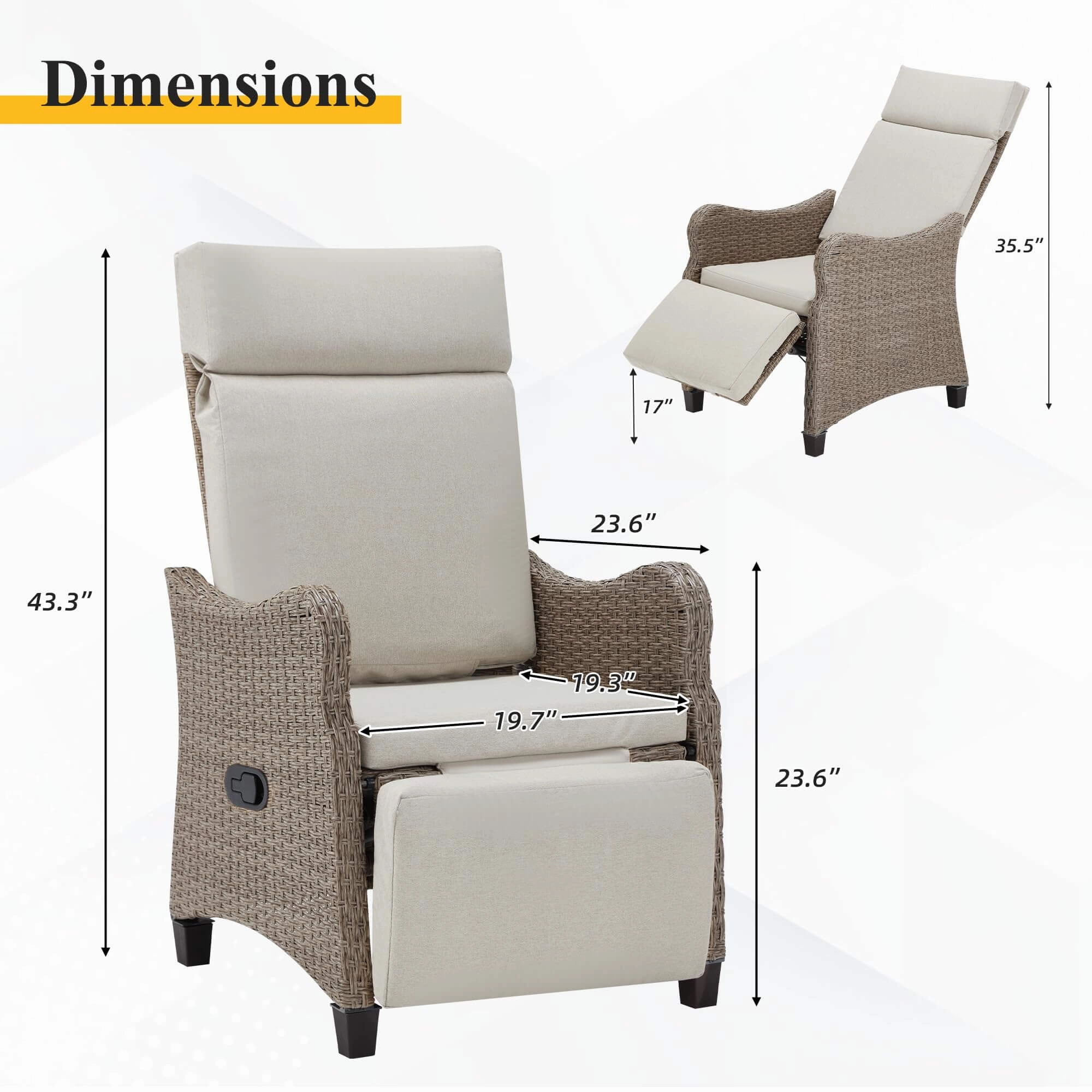 Homrest Outdoor Recliner Chair Set of 2, Rattan Lounge Chair with Removable Cushion, Beige