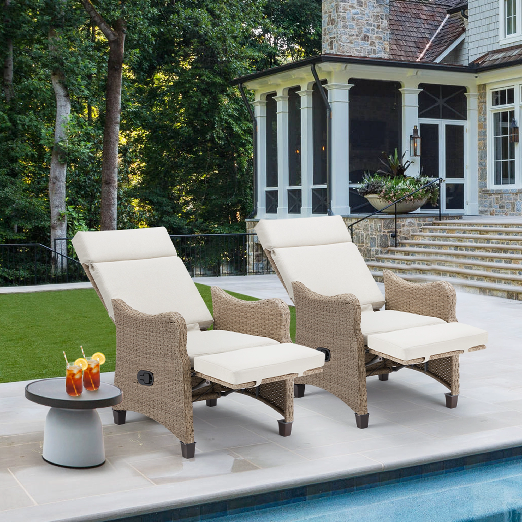 Homrest Outdoor Recliner Chair Set of 2, Rattan Lounge Chair with Removable Cushion, Beige