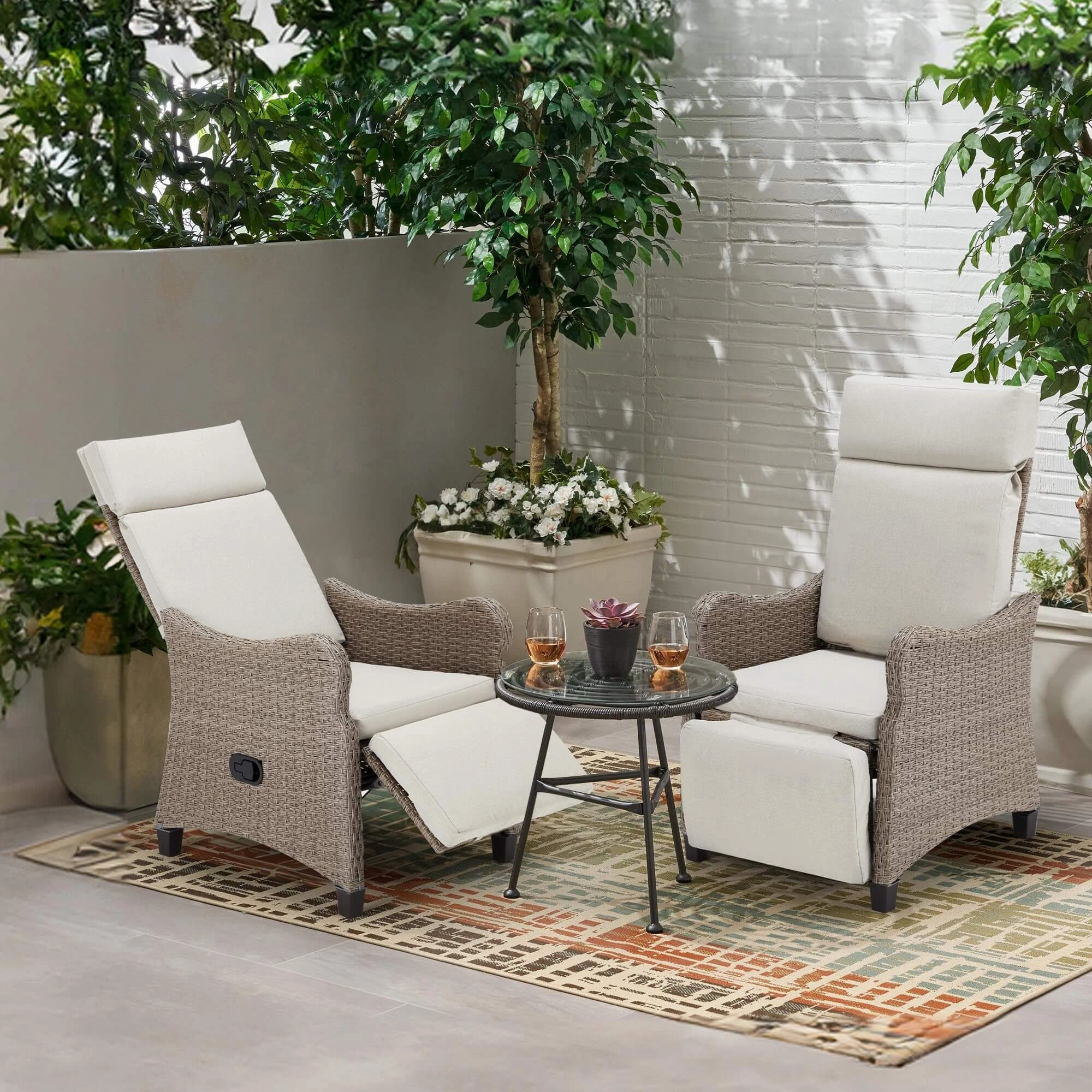 Homrest Outdoor Recliner Chair Set of 2, Rattan Lounge Chair with Removable Cushion, Beige