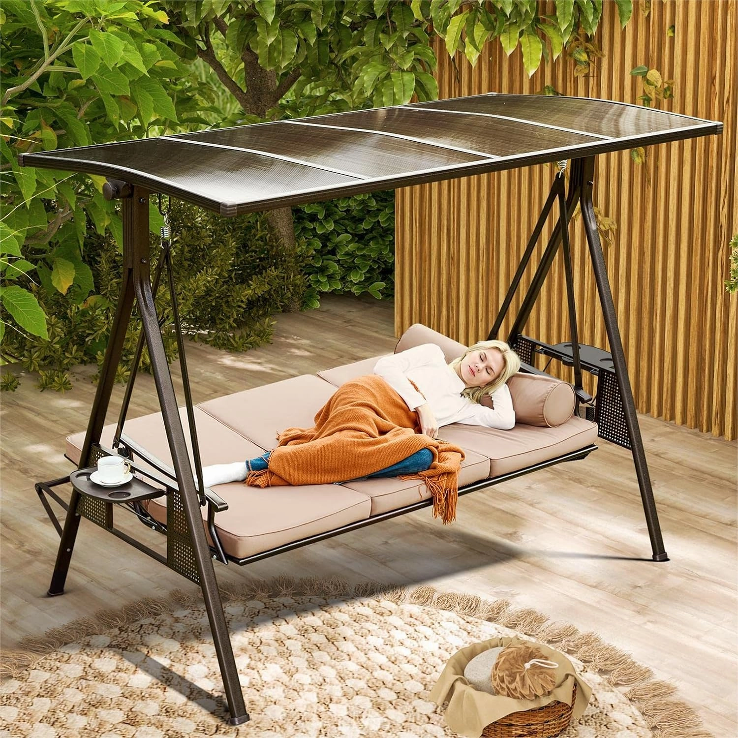 HOMREST Porch Swing with Hardtop Sunshade, 3 Seat with 2 Side Cup Holder with Cushion, 2 Pillows for Front Outdoor Porch Lawn Khakioutdoor patio furniture set