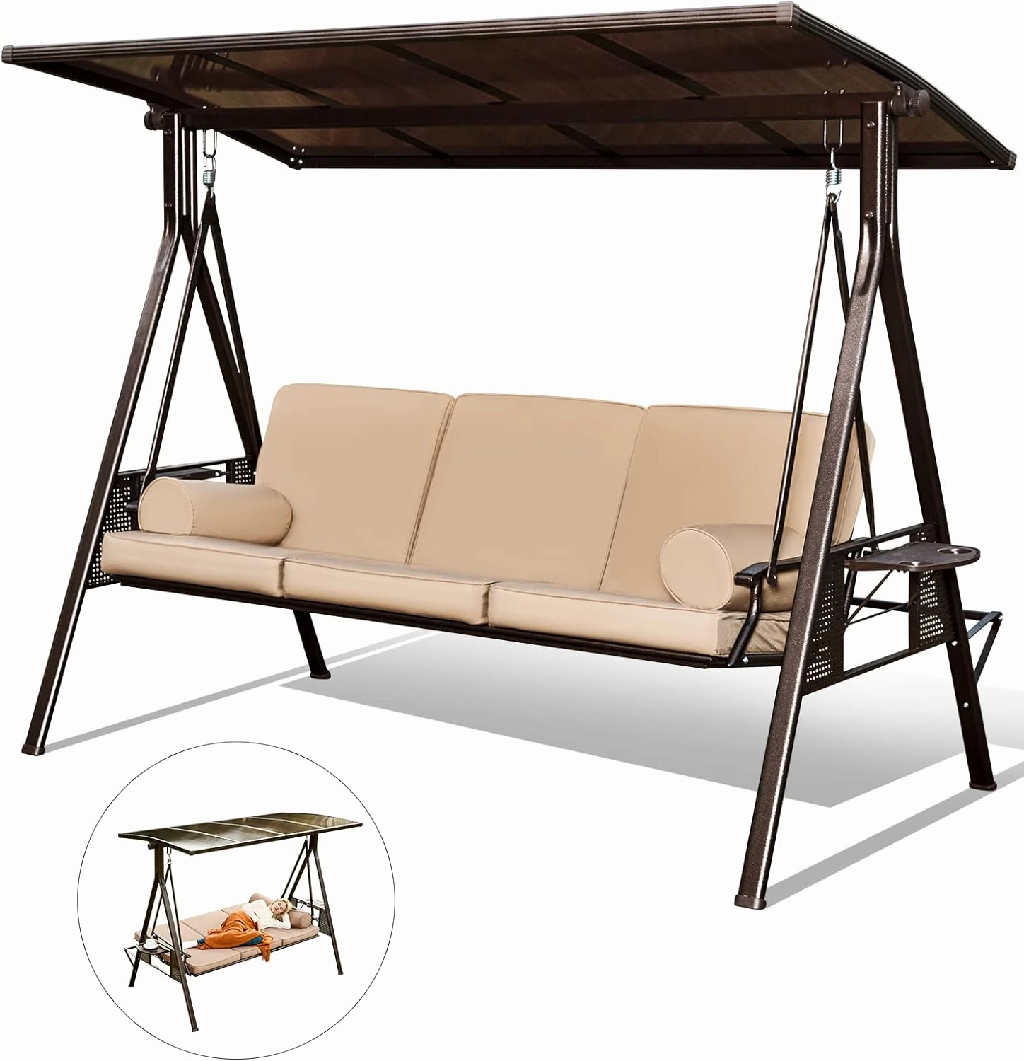 HOMREST Porch Swing with Hardtop Sunshade, 3 Seat with 2 Side Cup Holder with Cushion, 2 Pillows for Front Outdoor Porch Lawn Khaki