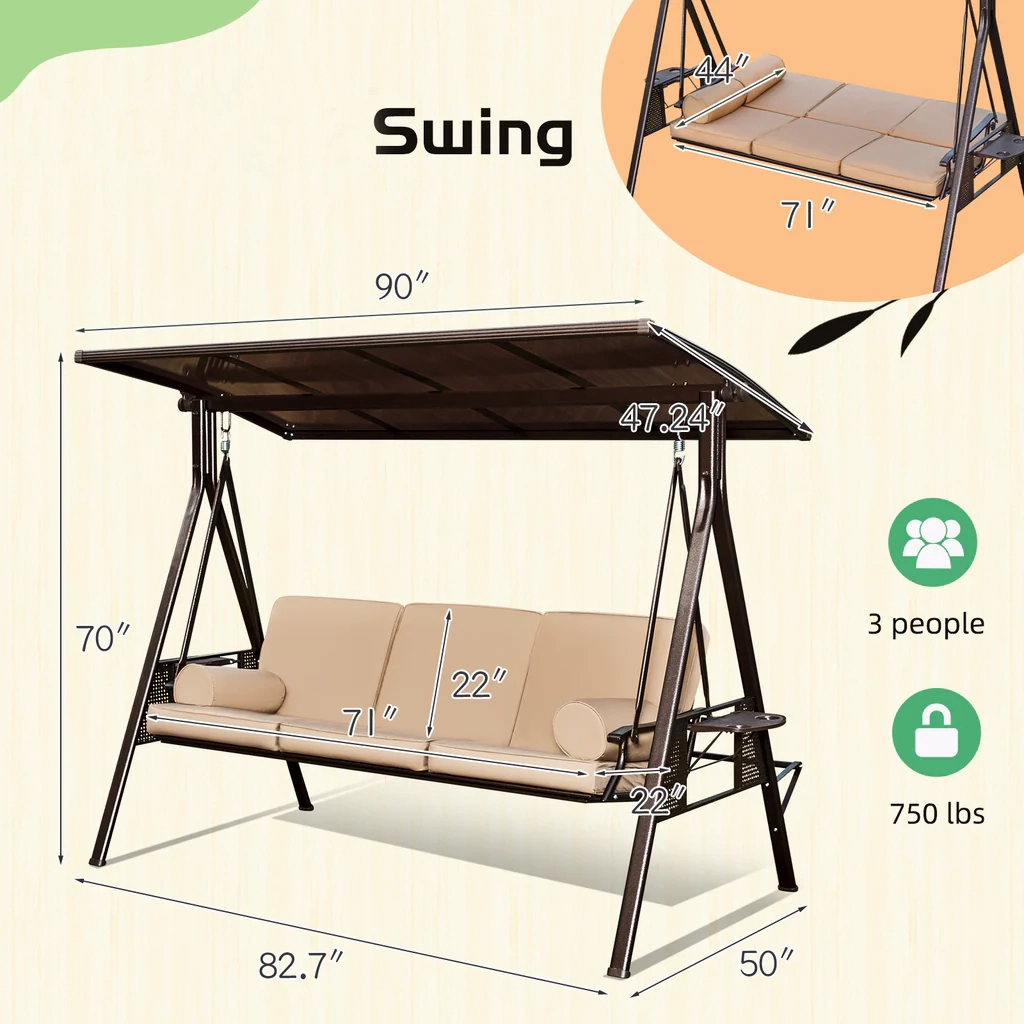 HOMREST Porch Swing with Hardtop Sunshade, 3 Seat with 2 Side Cup Holder with Cushion, 2 Pillows for Front Outdoor Porch Lawn Khaki
