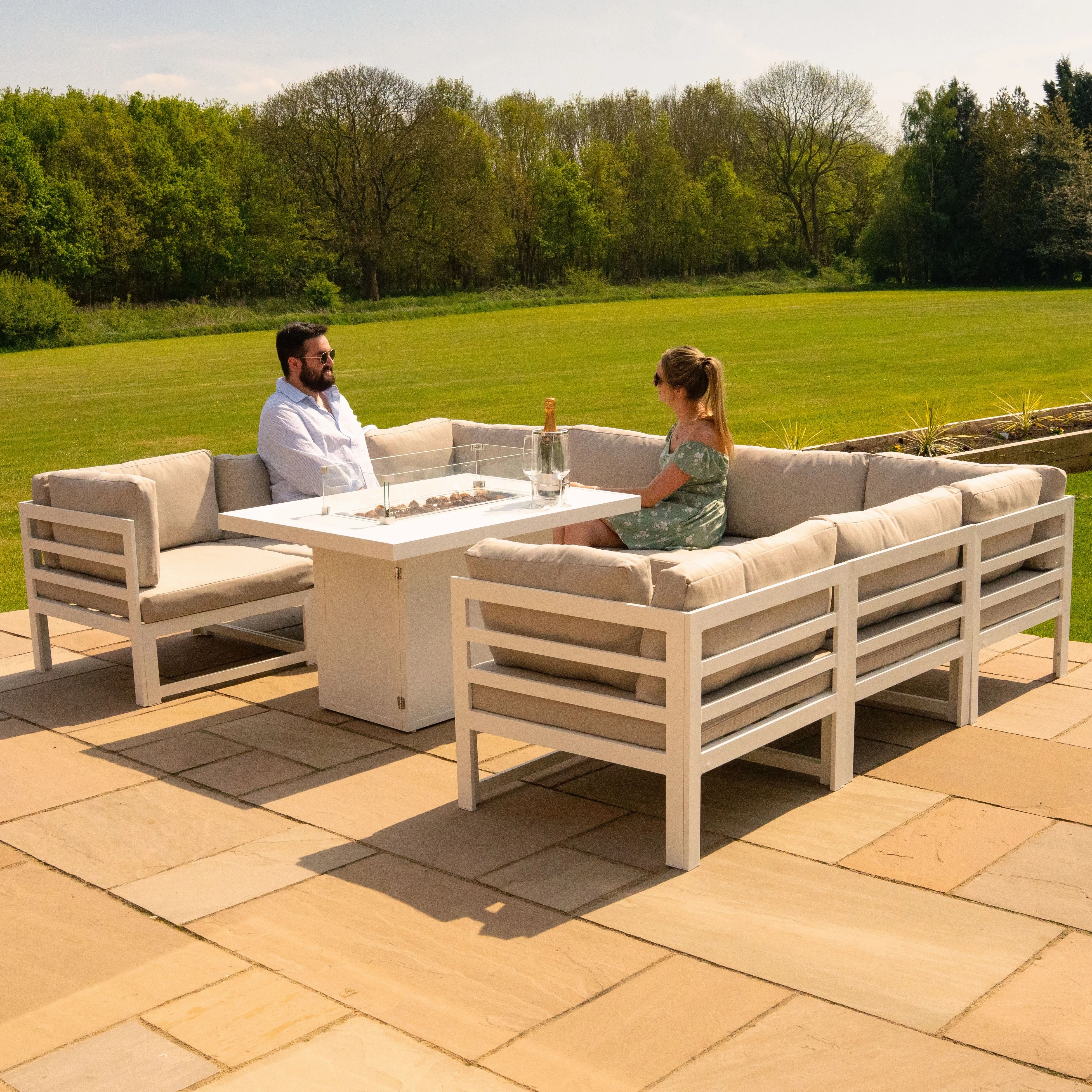 Modular Garden Furniture Set With Fire Pit - White