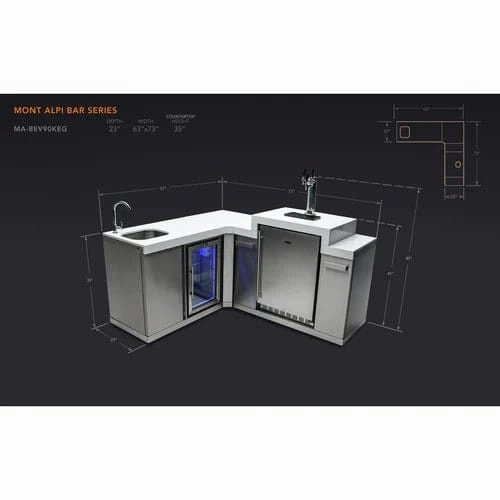 Mont Alpi Stainless Steel Beverage Center W/ 90 Degree Corner & Fridge Cabinet MA-BEV90KEG