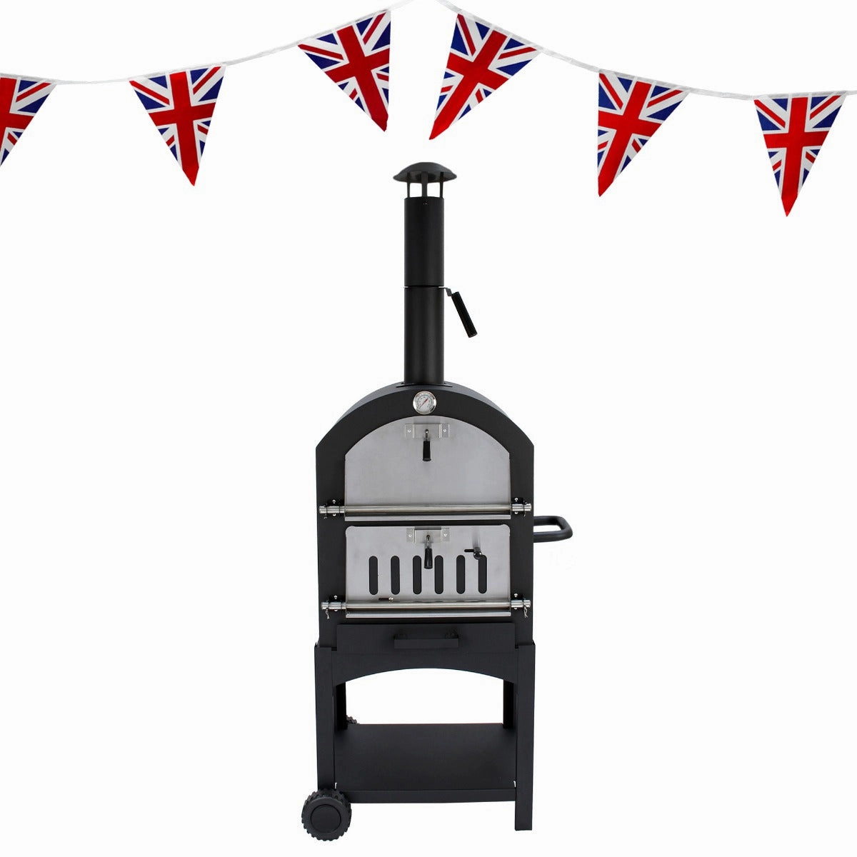 Outdoor Pizza Oven, Peel & Union Jack Bunting luxury outdoor cooking system setup