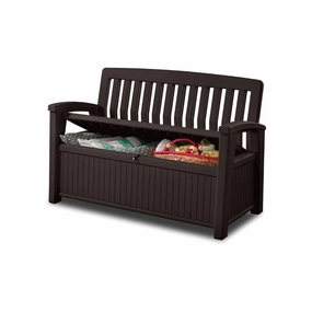 Patio Outdoor Storage Bench Brown wooden deck storage chest with cushions