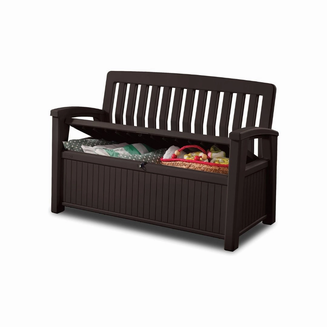 Patio Outdoor Storage Bench Brown wooden deck storage chest with cushions