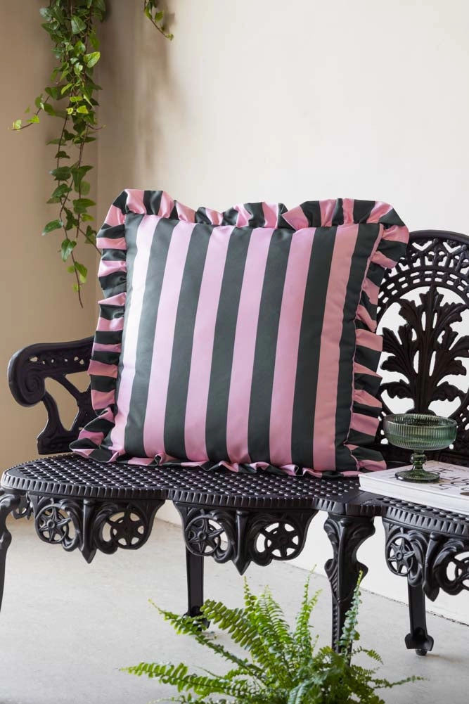 Pink & Green Stripe Outdoor Cushion with Frill Edge