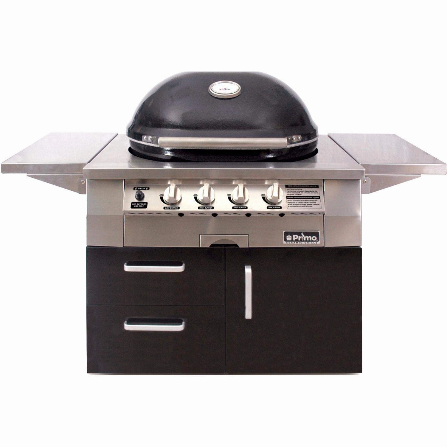 Primo All-In-One Oval G 420 Ceramic Gas Grill PGGXLC (Cart-Mounted) stainless steel BBQ grill with side table