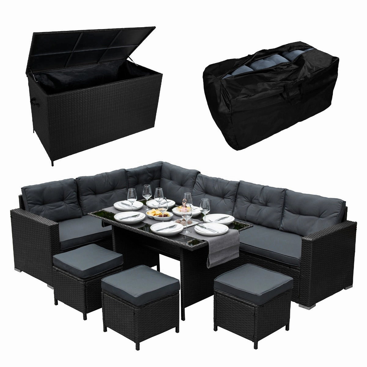 Rattan Corner Set & Cushion Storage Box - Blackoutdoor patio furniture set