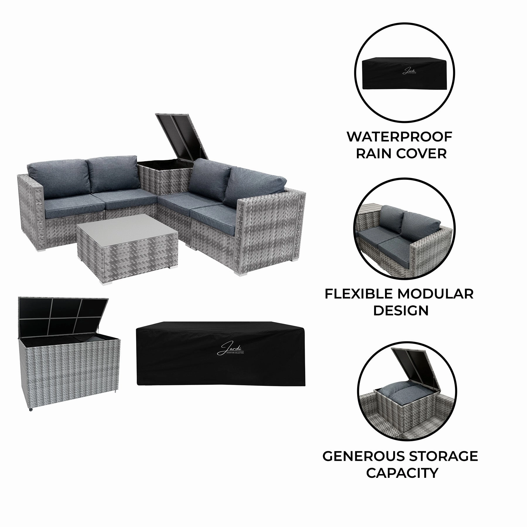 Rattan Modular 6 Piece Furniture Set & 700L Storage Box  Grey