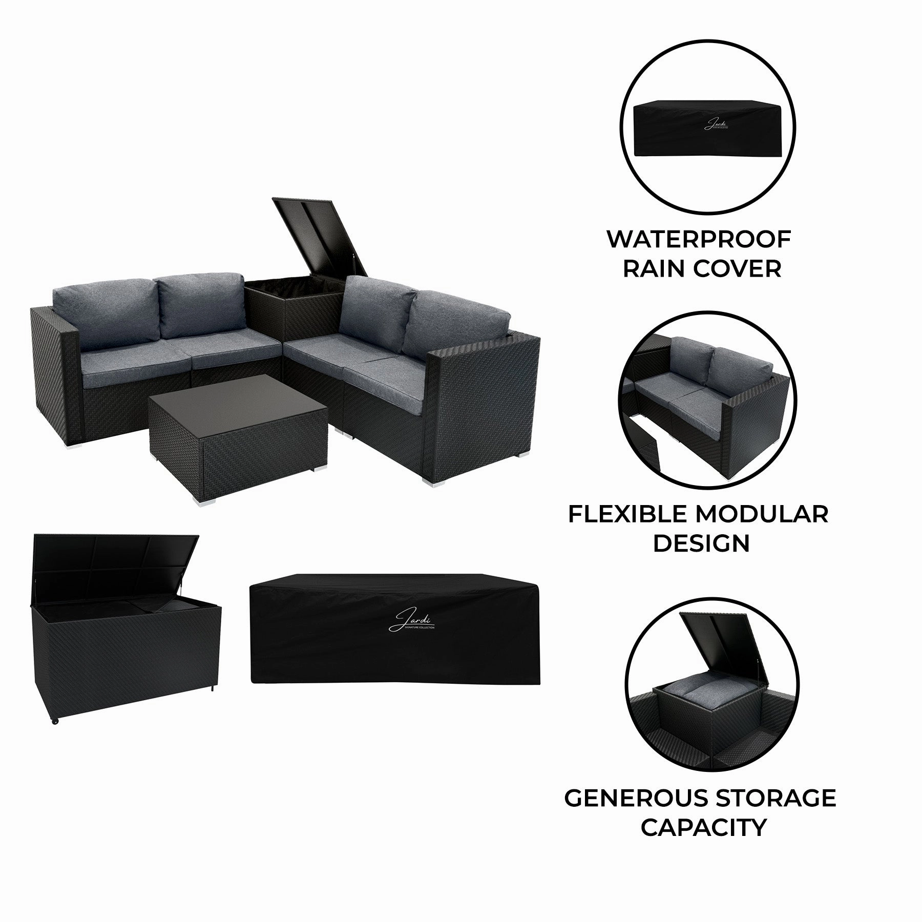 Rattan Modular 6 Piece Furniture Set & 996L Storage Box  Black