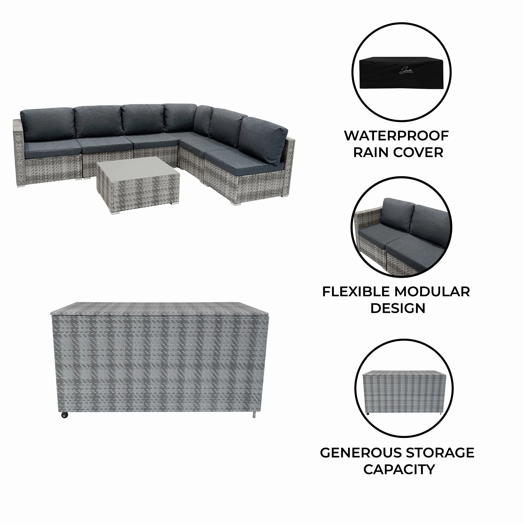 Rattan Modular 7 Piece Furniture Set & 700L Storage Box - Grey