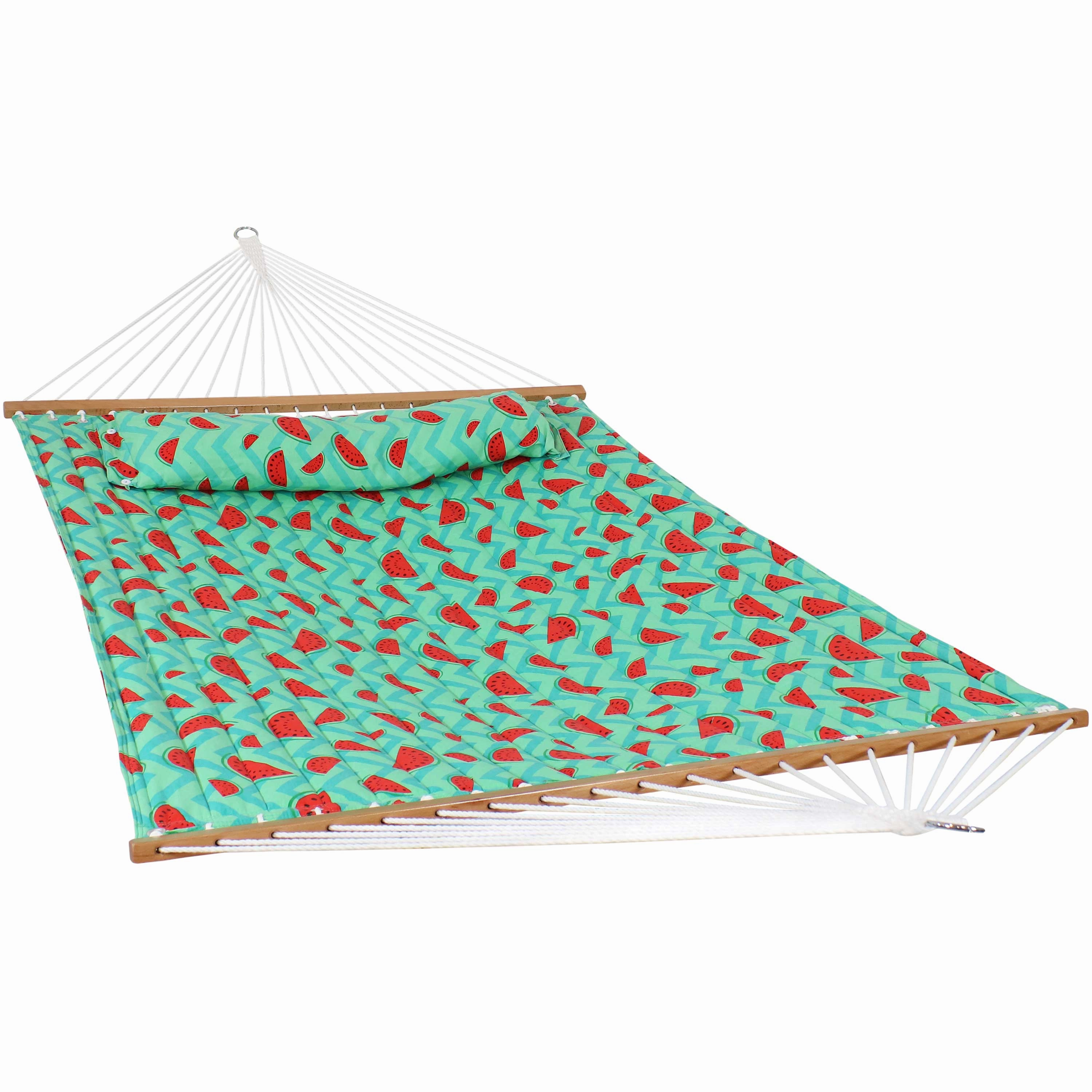 Sunnydaze 2-Person Fabric Spreader Bar Hammock - Watermelon and Chevron double size outdoor hammock for couples