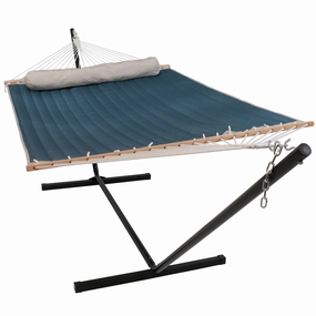 Sunnydaze 2-Person Quilted Hammock with Pillow and Stand - Tidal Wave double size outdoor hammock for couples