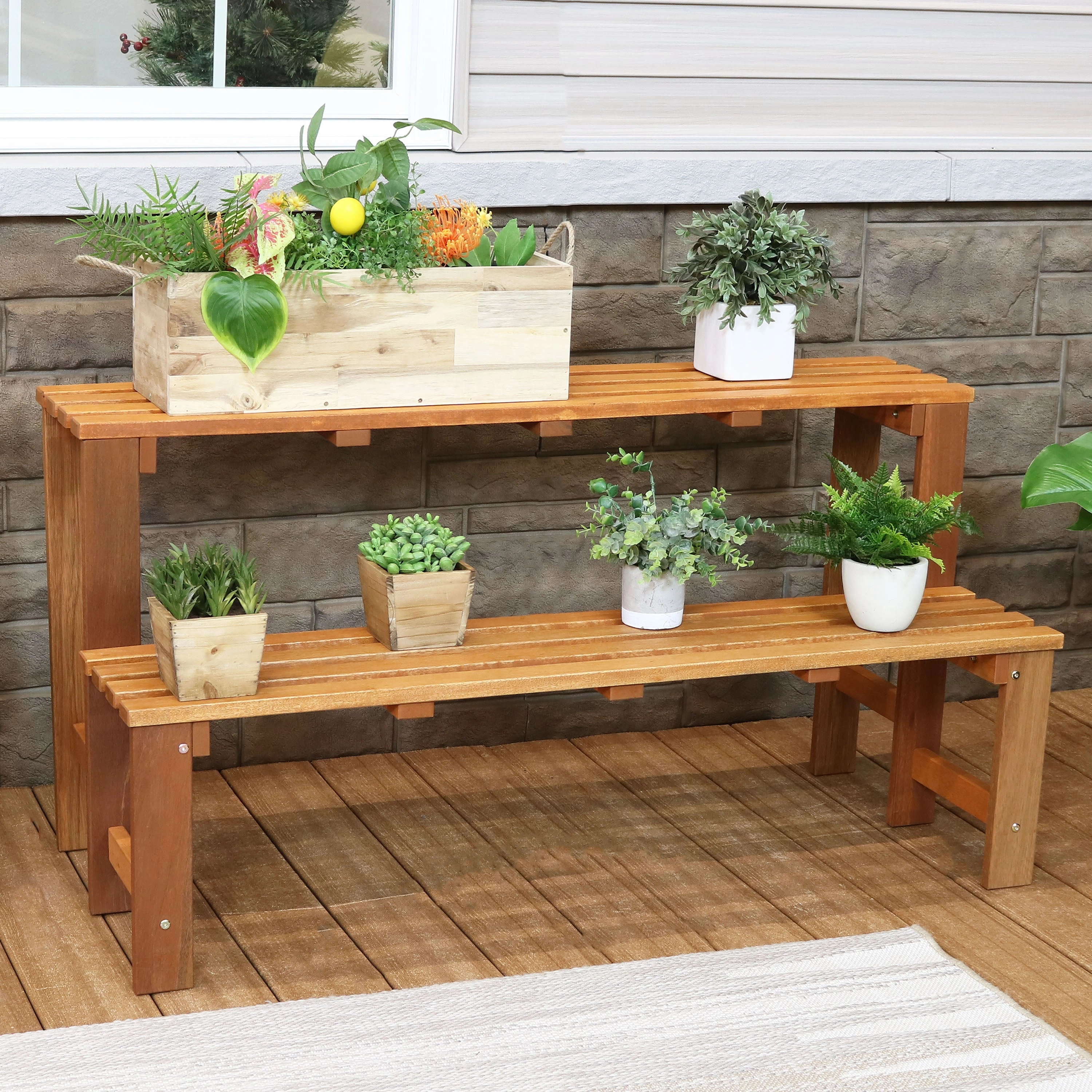 Sunnydaze 2-Tier Meranti Wood Outdoor Plant Stand with Teak Oil Finish