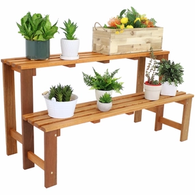 Sunnydaze 2-Tier Meranti Wood Outdoor Plant Stand with Teak Oil Finish decorative outdoor planter box designs