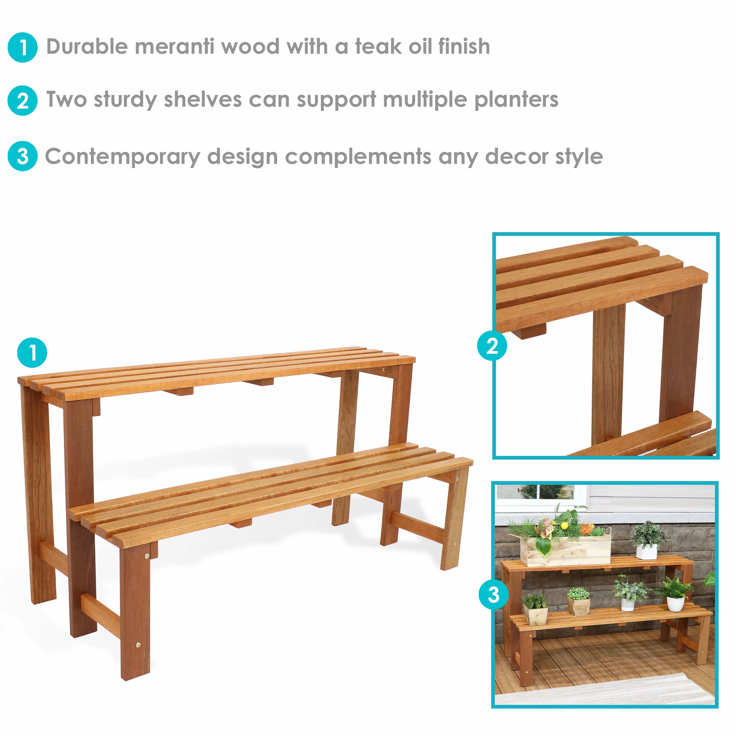 Sunnydaze 2-Tier Meranti Wood Outdoor Plant Stand with Teak Oil Finish