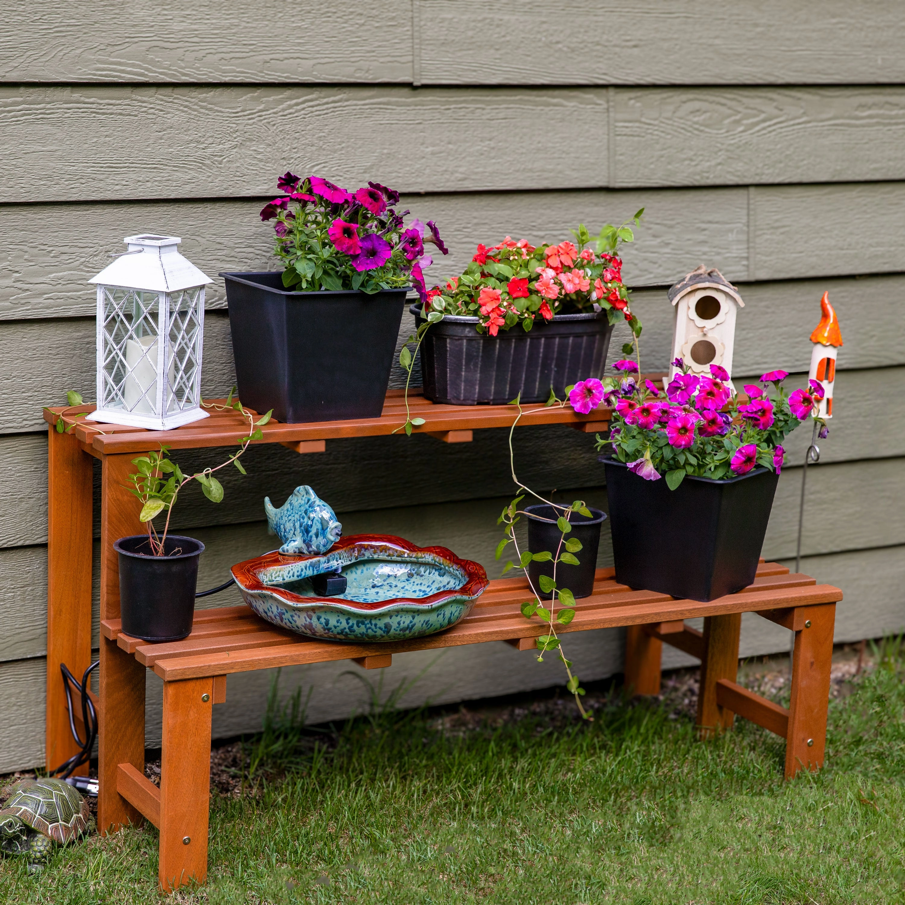 Sunnydaze 2-Tier Meranti Wood Outdoor Plant Stand with Teak Oil Finish