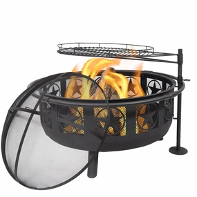 Sunnydaze 30" Black All Star Fire Pit with Cooking Grate & Spark Screenportable outdoor fire pit with lid