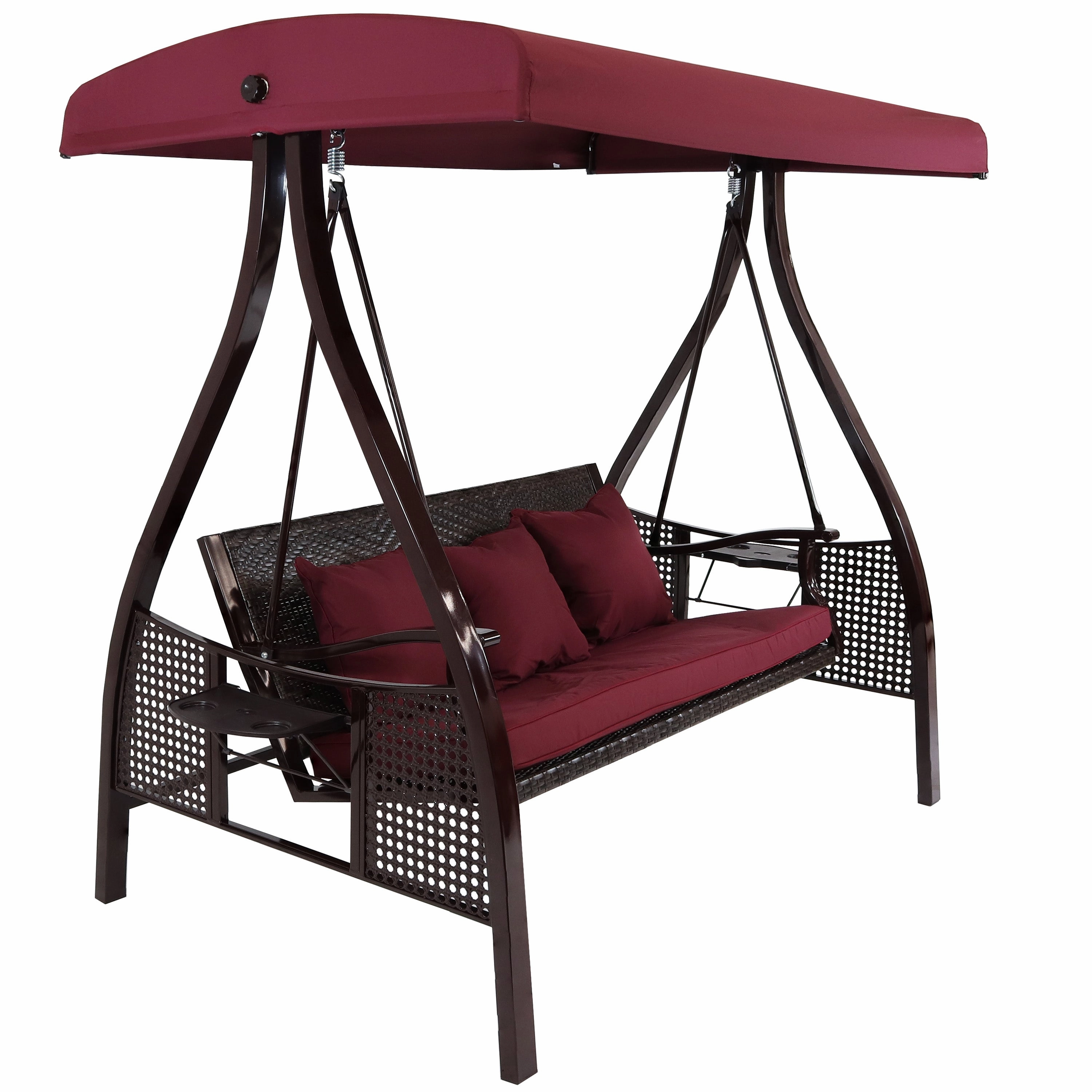 Sunnydaze 3-Person Steel Patio Swing with Side Tables and Canopy - Merlotoutdoor patio furniture set