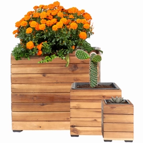 Sunnydaze 3-Piece Square Wooden Planter Boxes with Plastic Liners decorative outdoor planter box designs