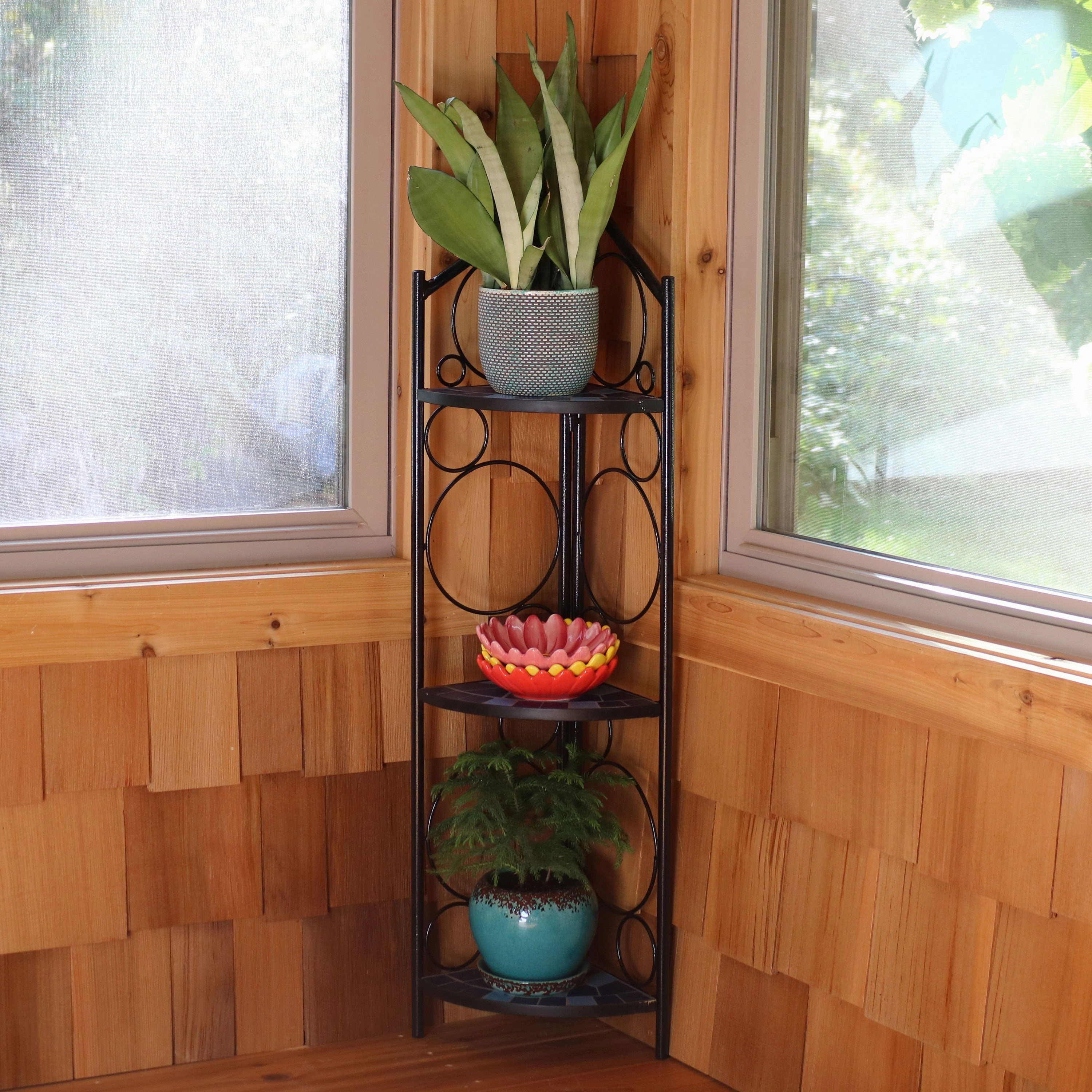 Sunnydaze 3-Tier Blue Mosaic Tiled Corner Display Shelf for Plants - 44"
