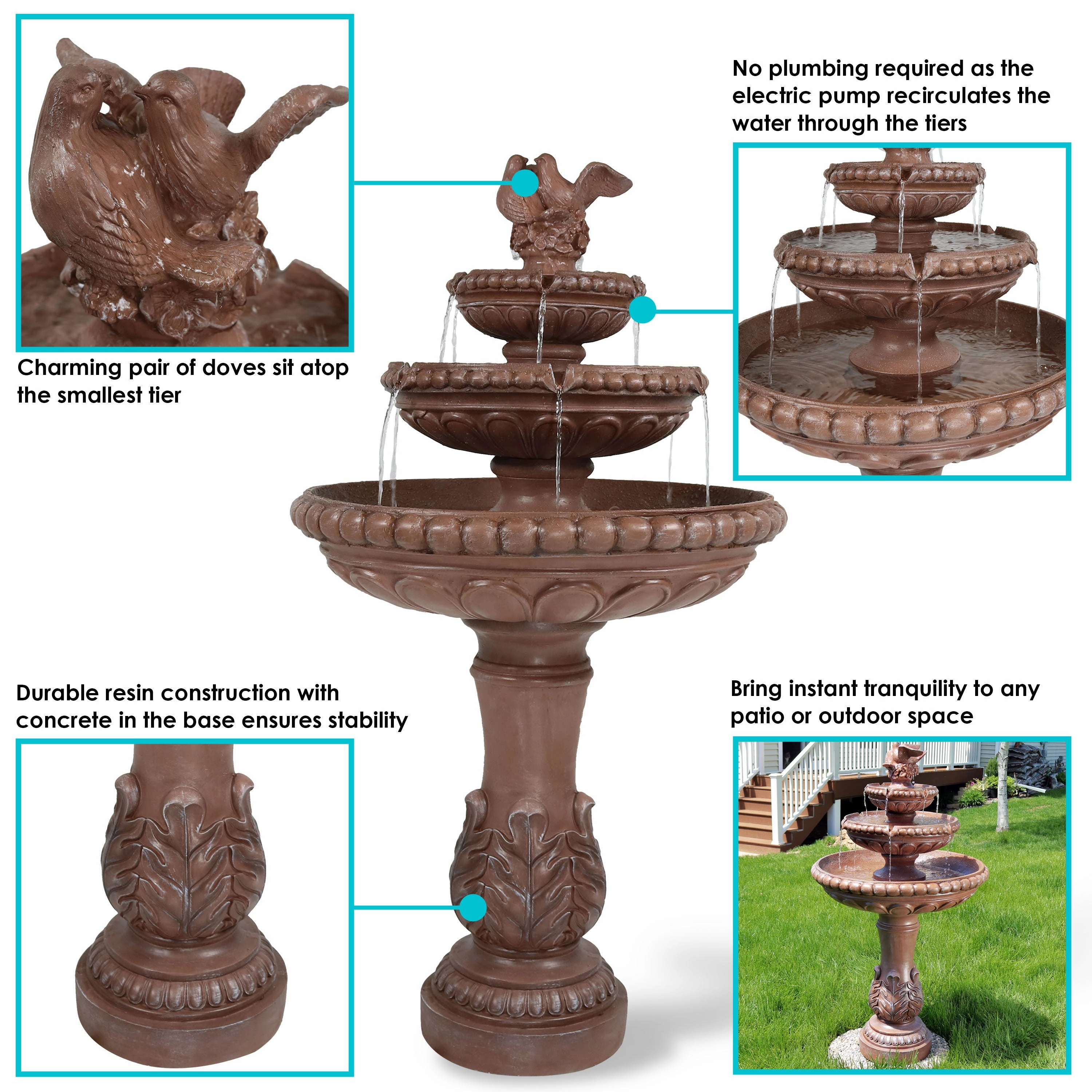 Sunnydaze 3-Tier Dove Pair Outdoor Water Fountain - 43" H