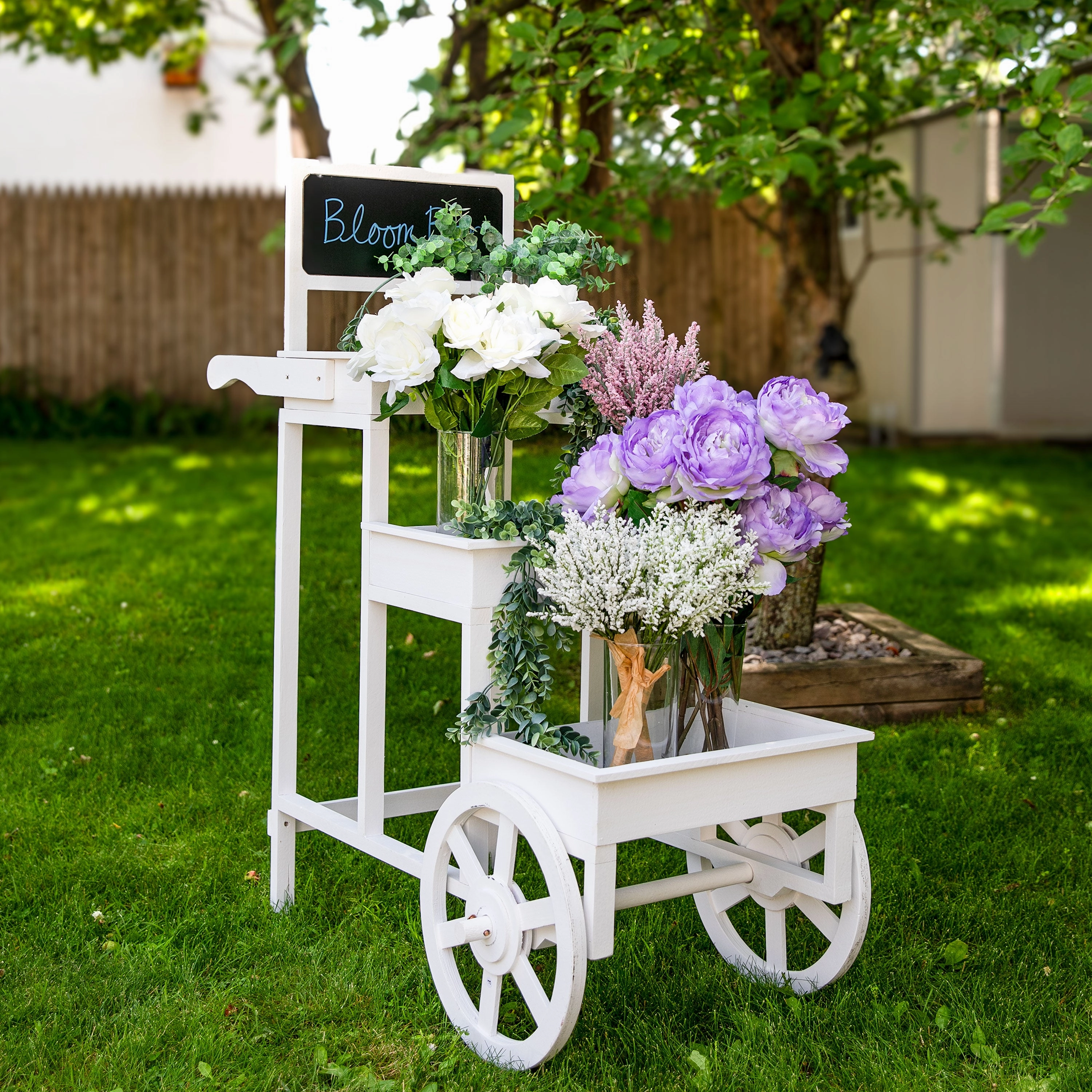 Sunnydaze 3-Tiered Flower Cart Display Stand with Wheels - White