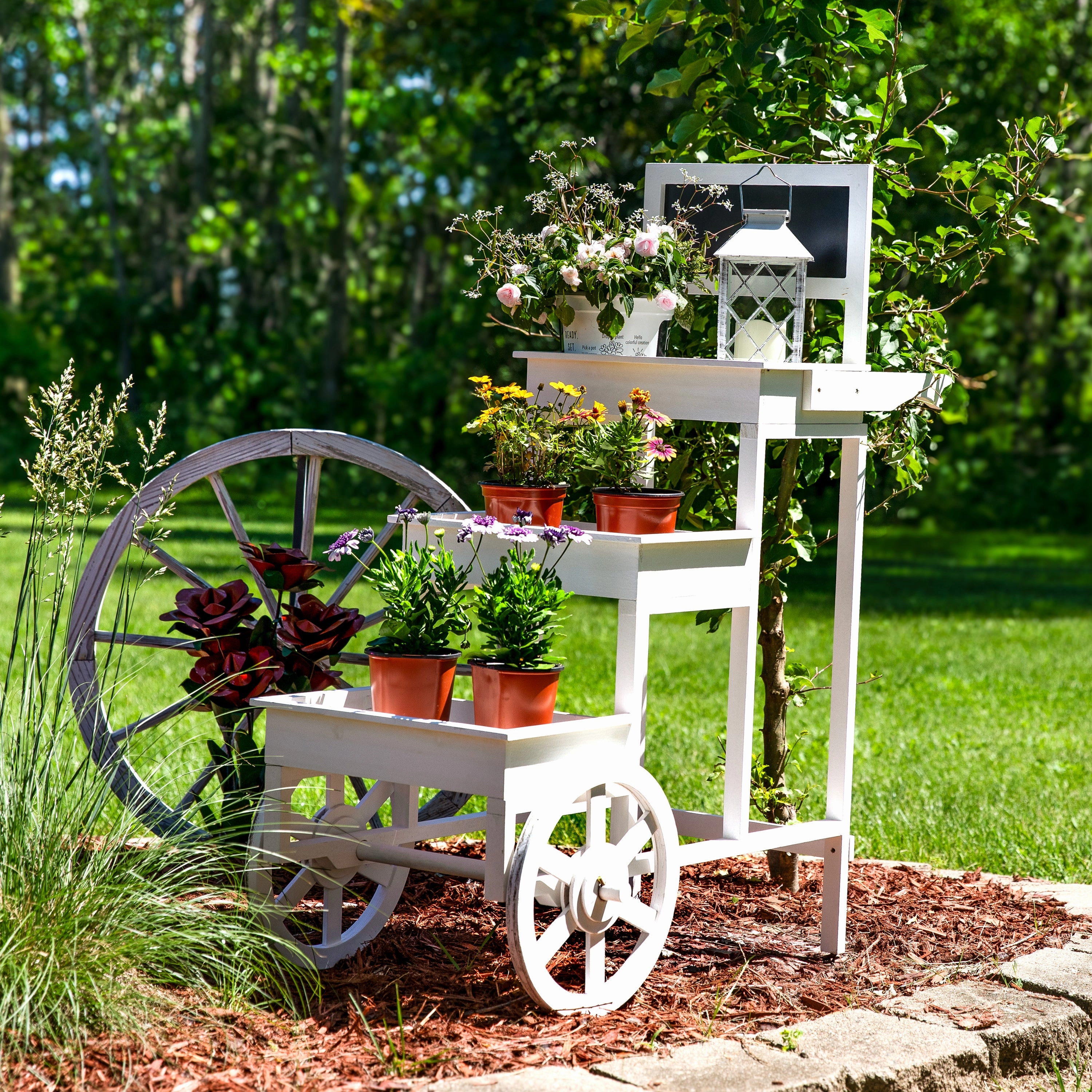 Sunnydaze 3-Tiered Flower Cart Display Stand with Wheels - White