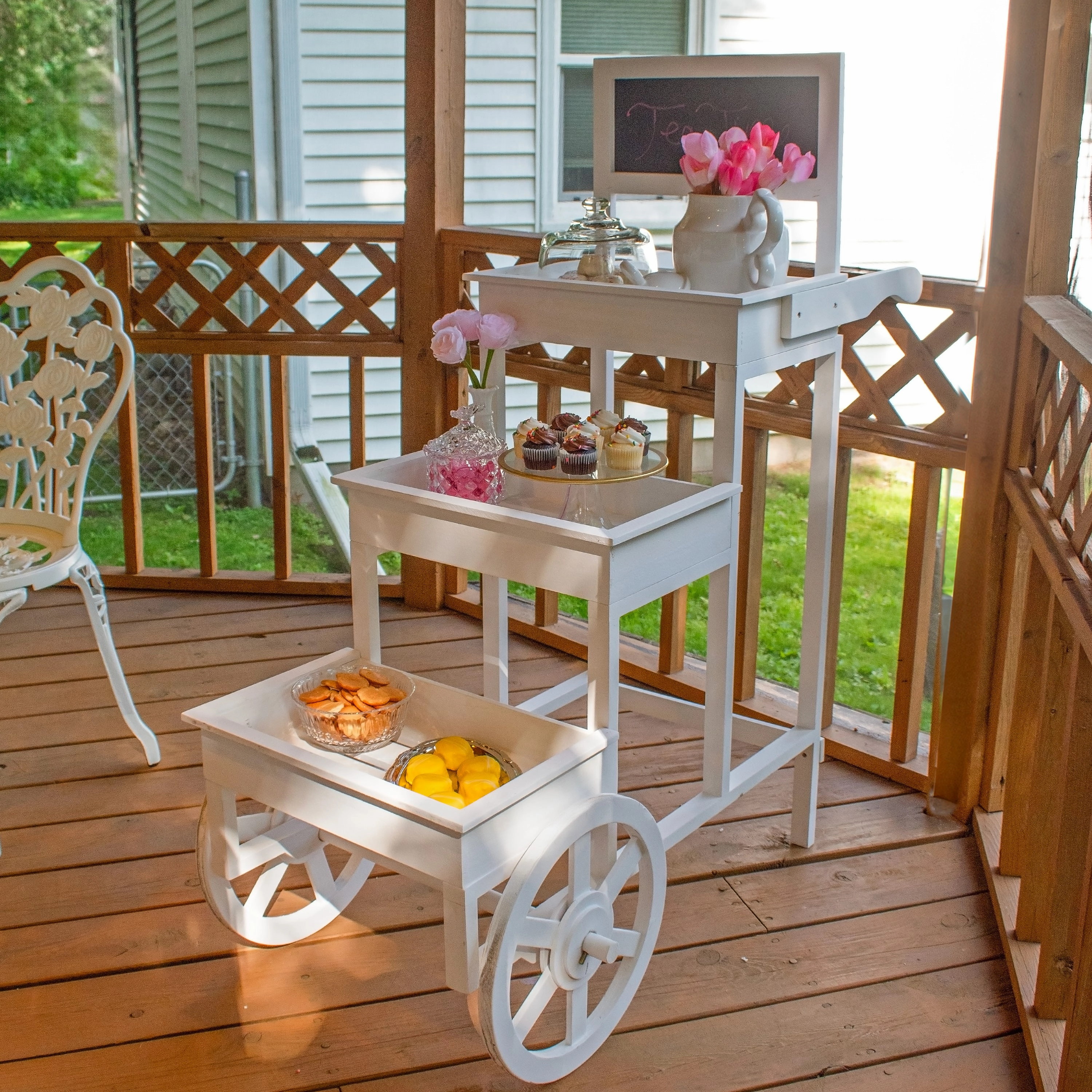 Sunnydaze 3-Tiered Flower Cart Display Stand with Wheels - White