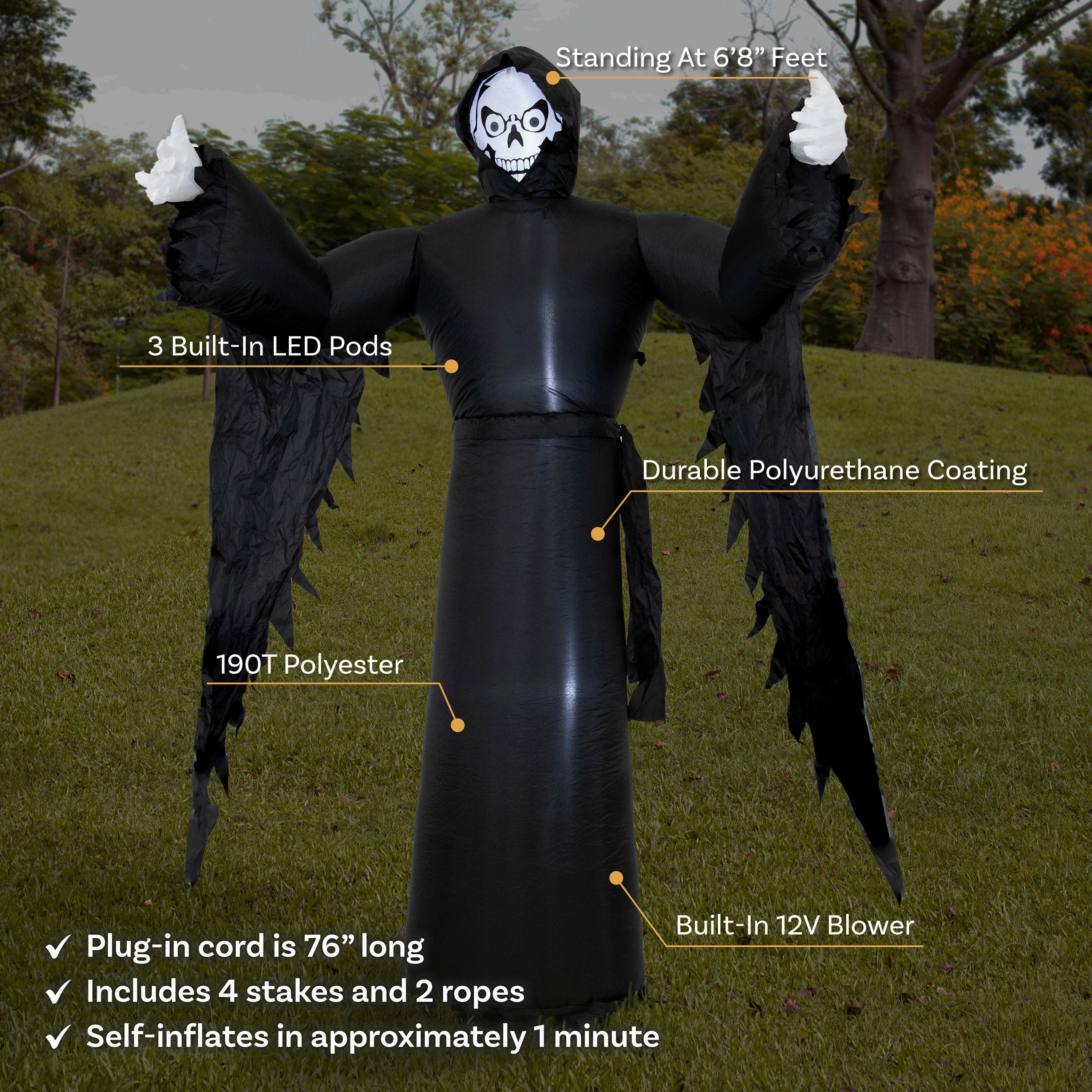 Sunnydaze 7 Grisly Grim Reaper Inflatable Halloween Decoration