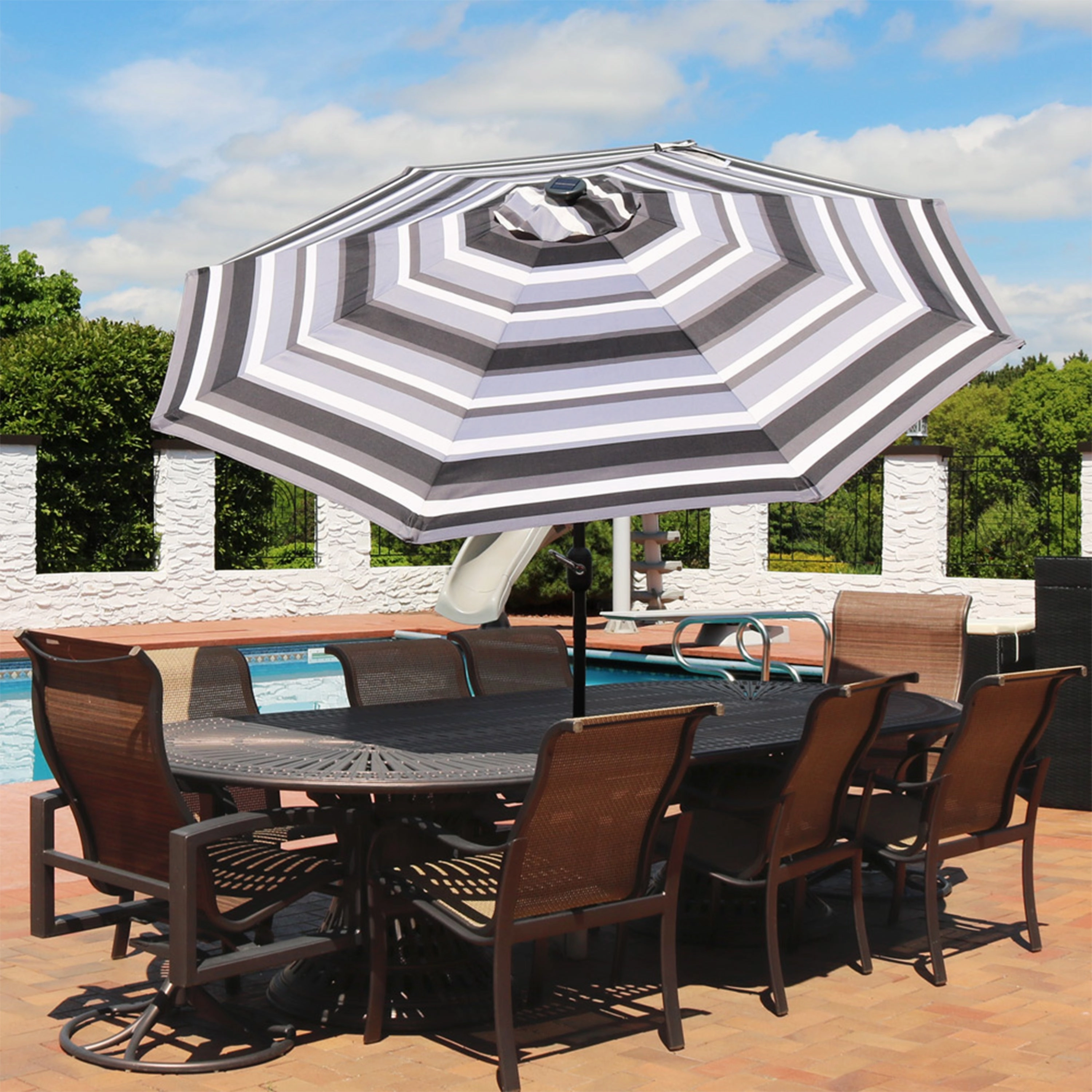 Sunnydaze 9' Striped Patio Umbrella with Solar Lights