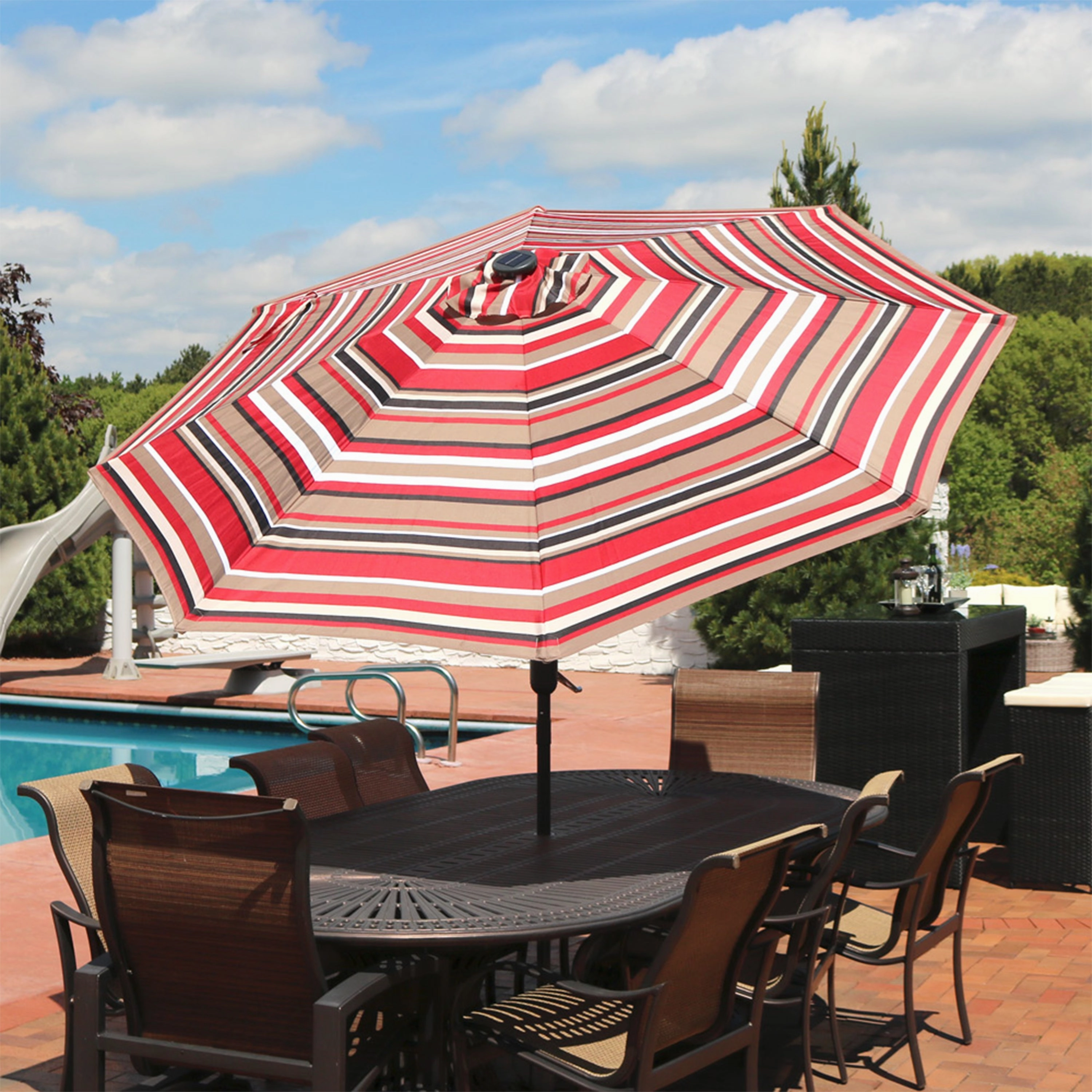 Sunnydaze 9' Striped Patio Umbrella with Solar Lights
