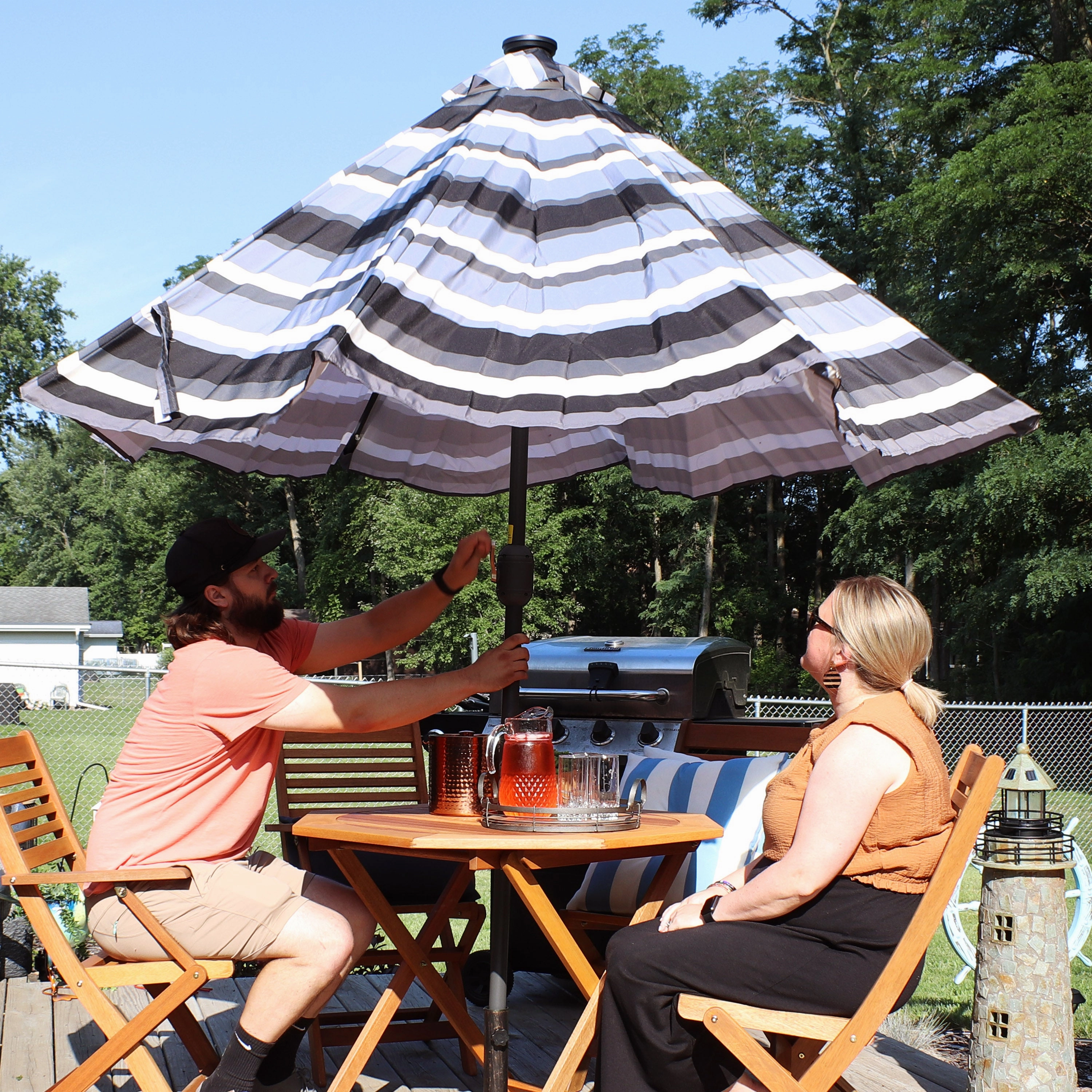 Sunnydaze 9' Striped Patio Umbrella with Solar Lights