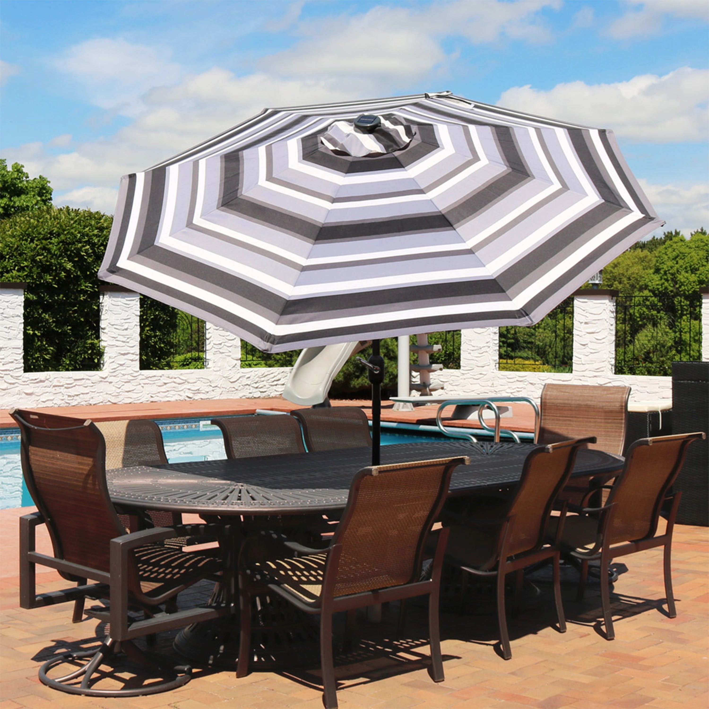 Sunnydaze 9' Striped Patio Umbrella with Solar Lights