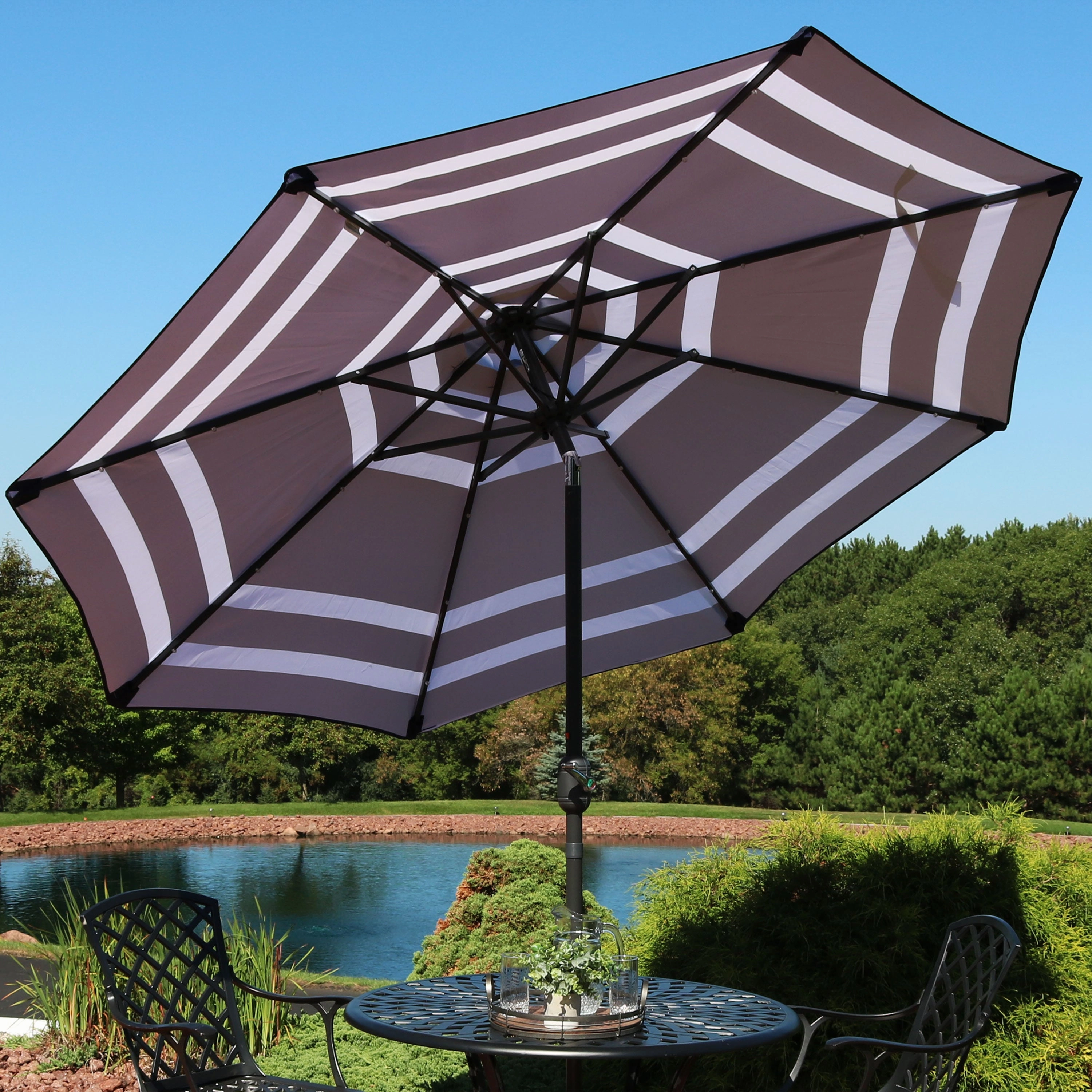 Sunnydaze 9' Striped Patio Umbrella with Solar Lights