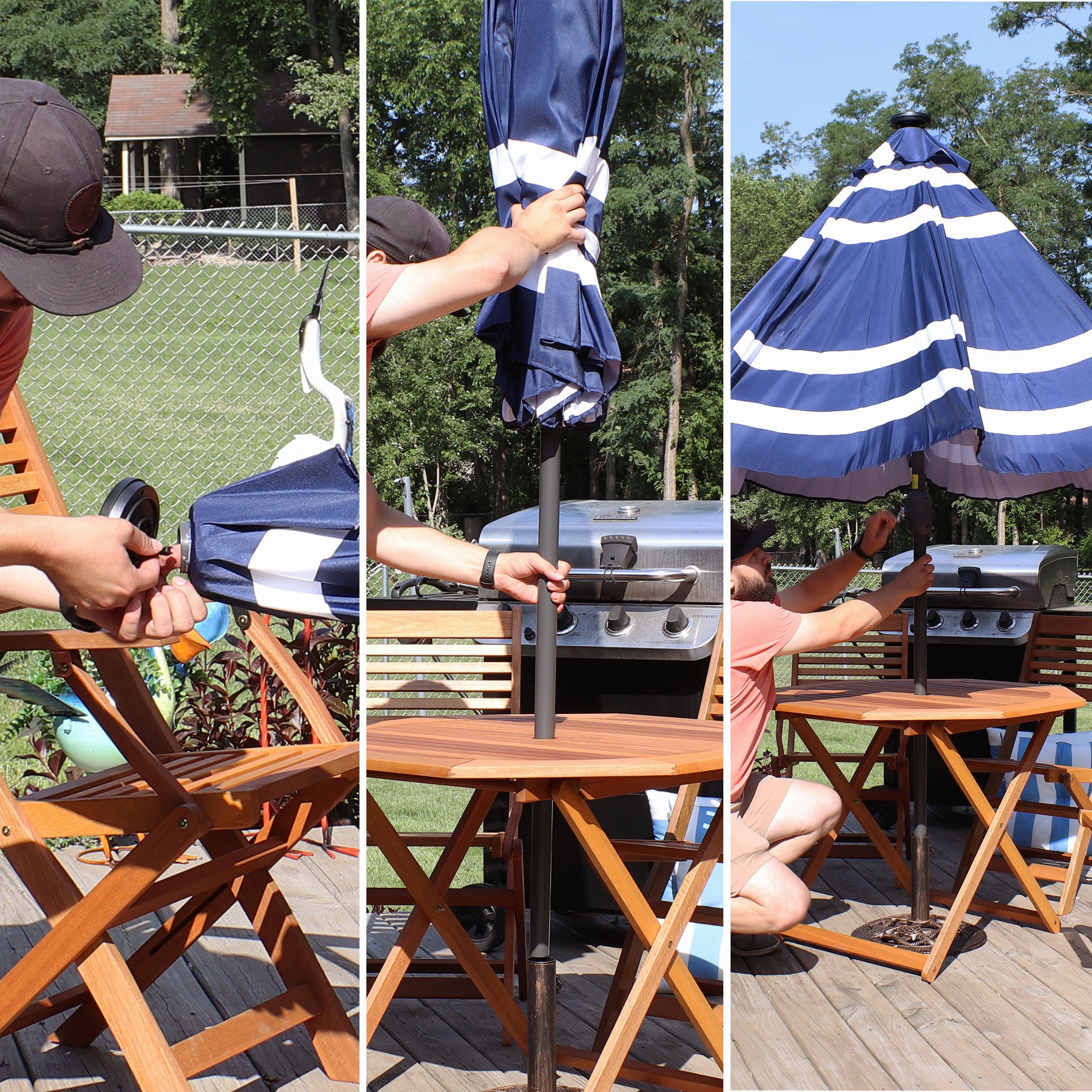 Sunnydaze 9' Striped Patio Umbrella with Solar Lights