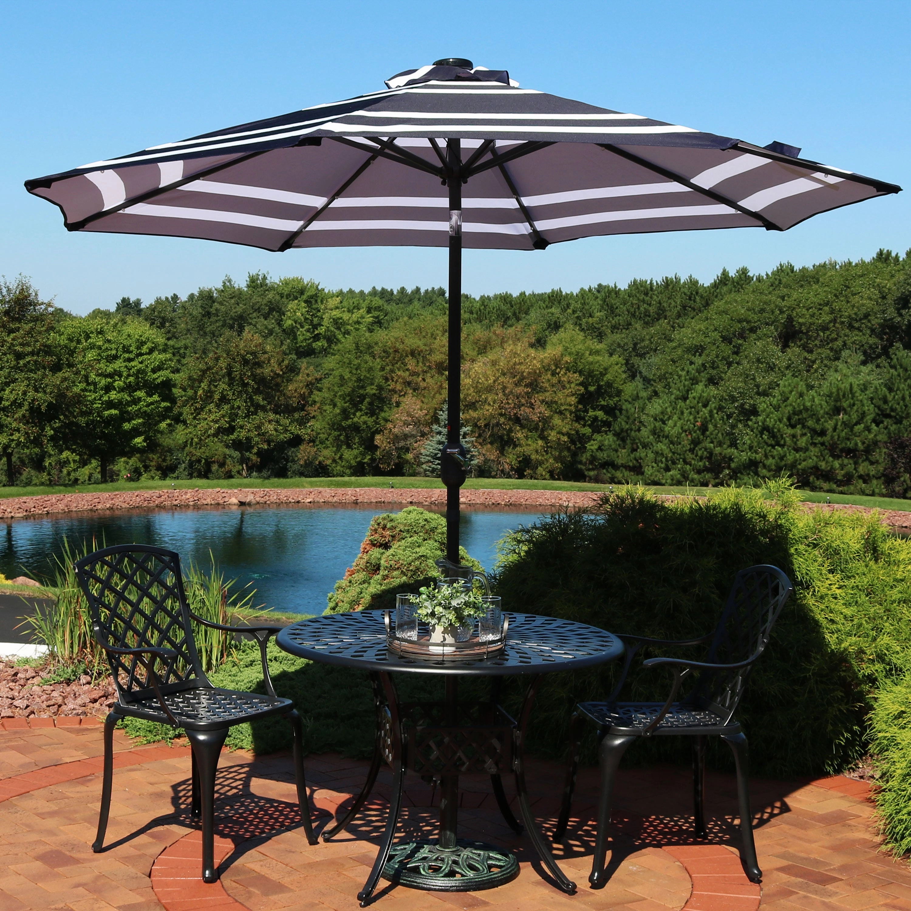 Sunnydaze 9' Striped Patio Umbrella with Solar Lights