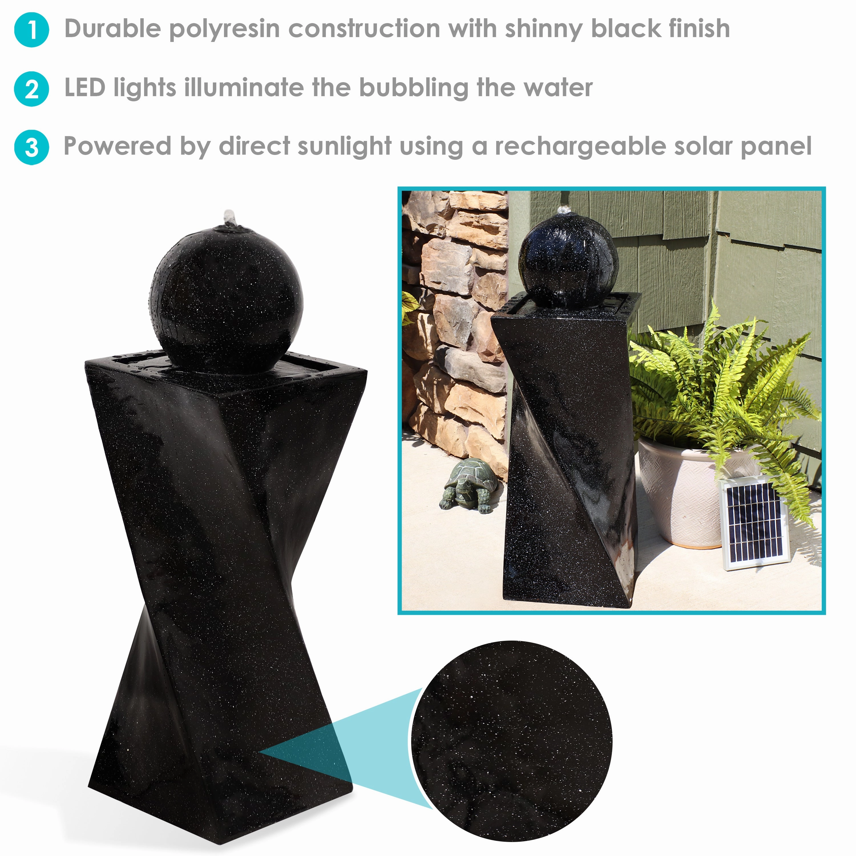 Sunnydaze Black Ball Solar Powered Fountain with Battery Backup and LED Lights - 30-Inch