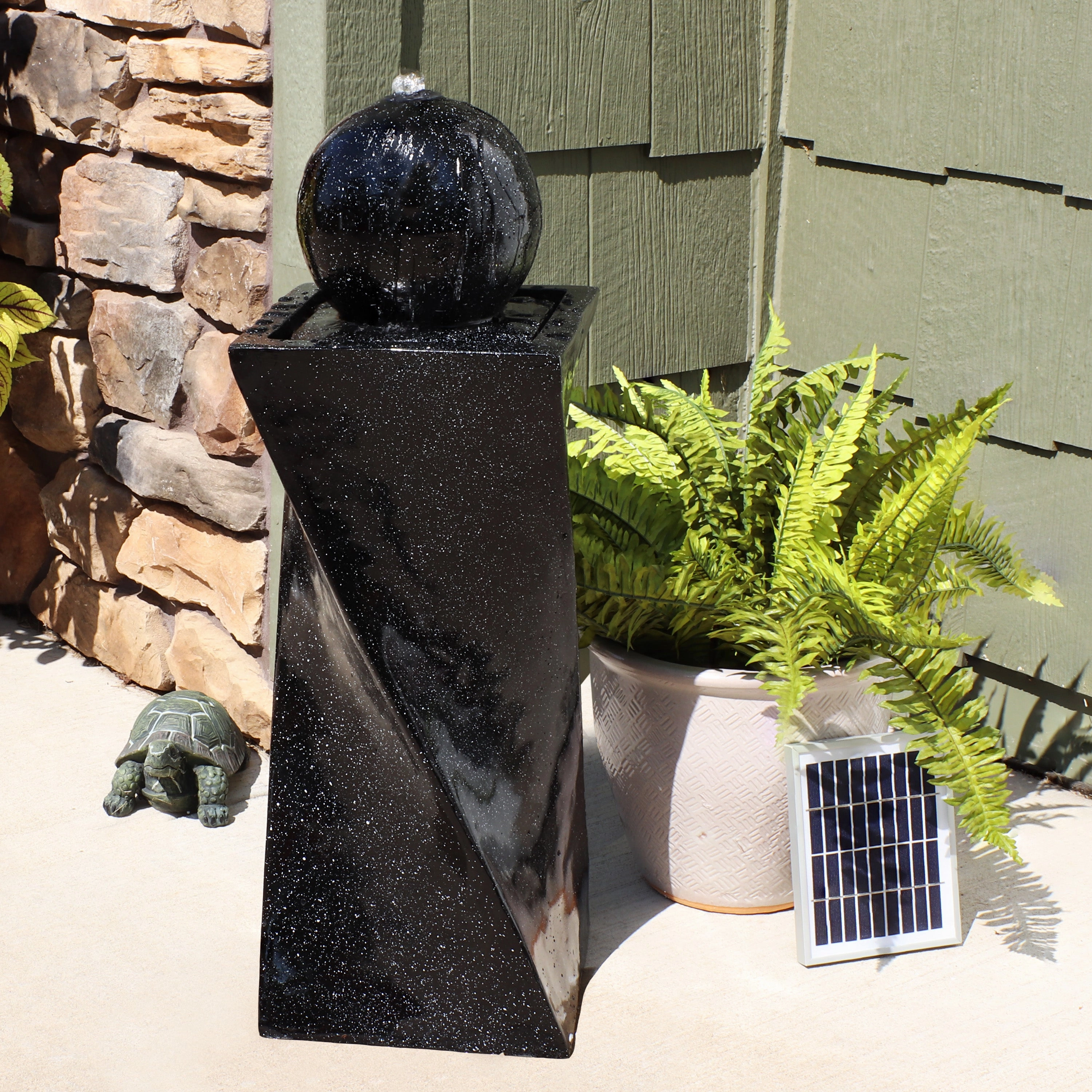 Sunnydaze Black Ball Solar Powered Fountain with Battery Backup and LED Lights - 30-Inch