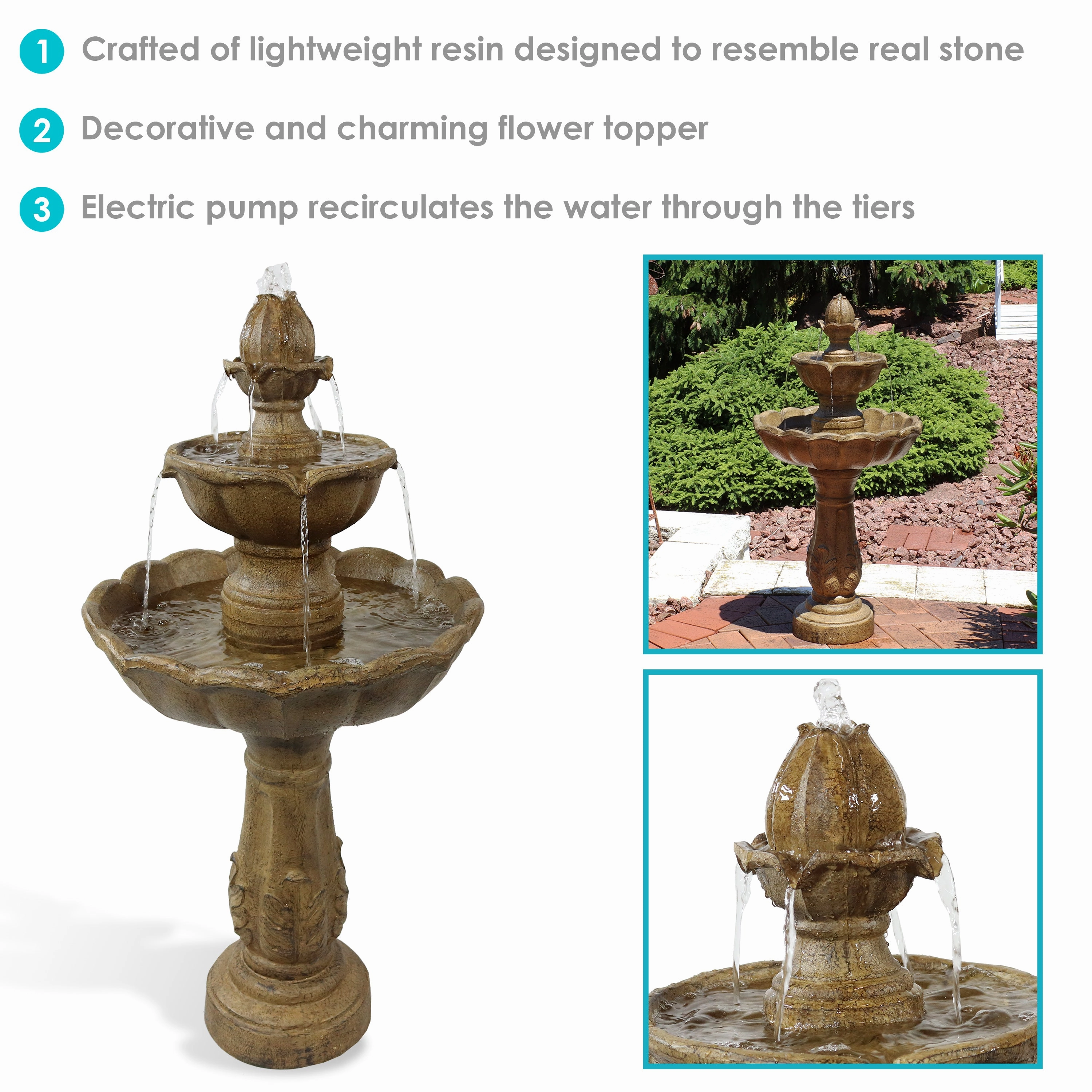 Sunnydaze Blooming Flower 2-Tier Outdoor Water Fountain - 38" H
