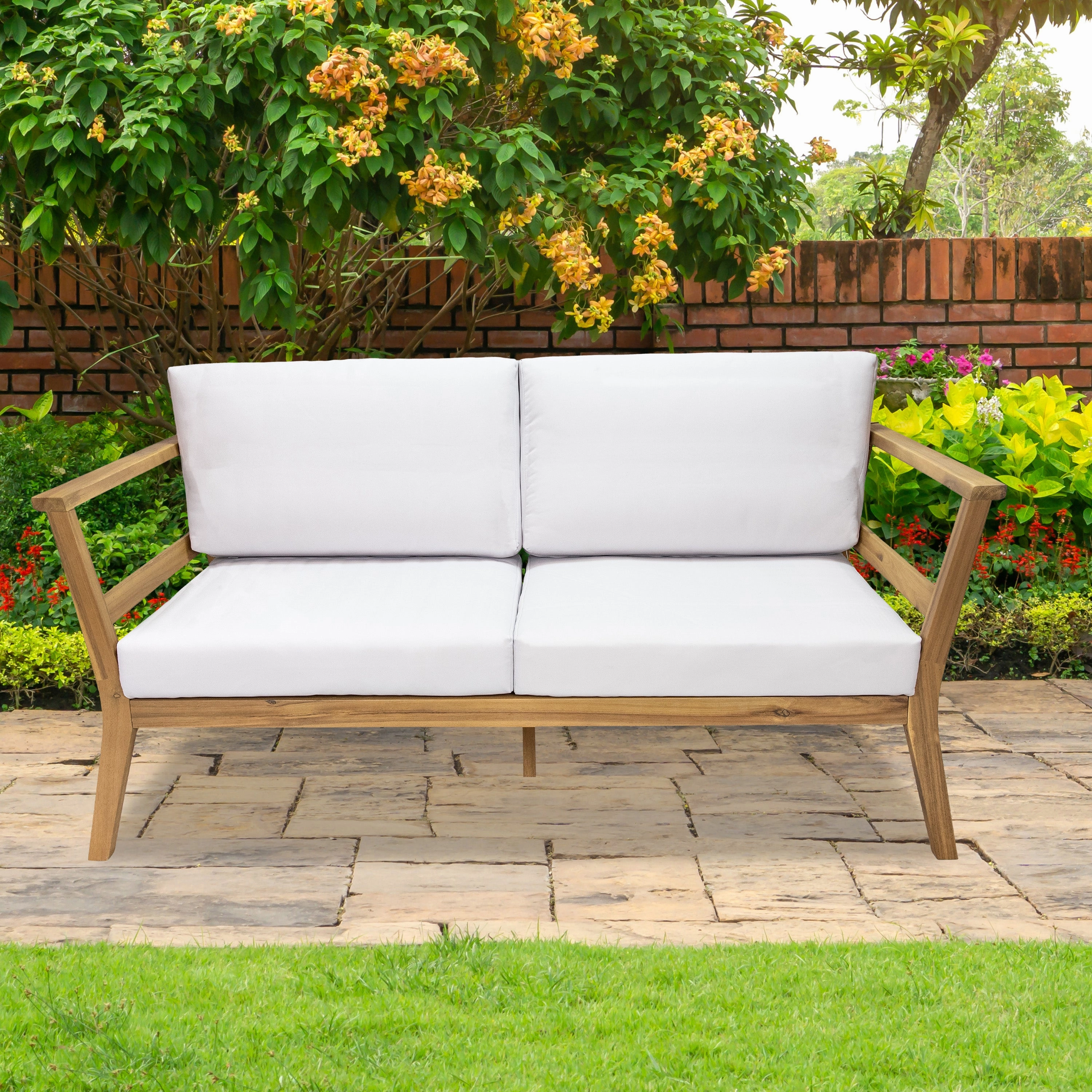 Sunnydaze Bodie Acacia Patio Loveseat - 2-Seater Outdoor Sofa with Cushions