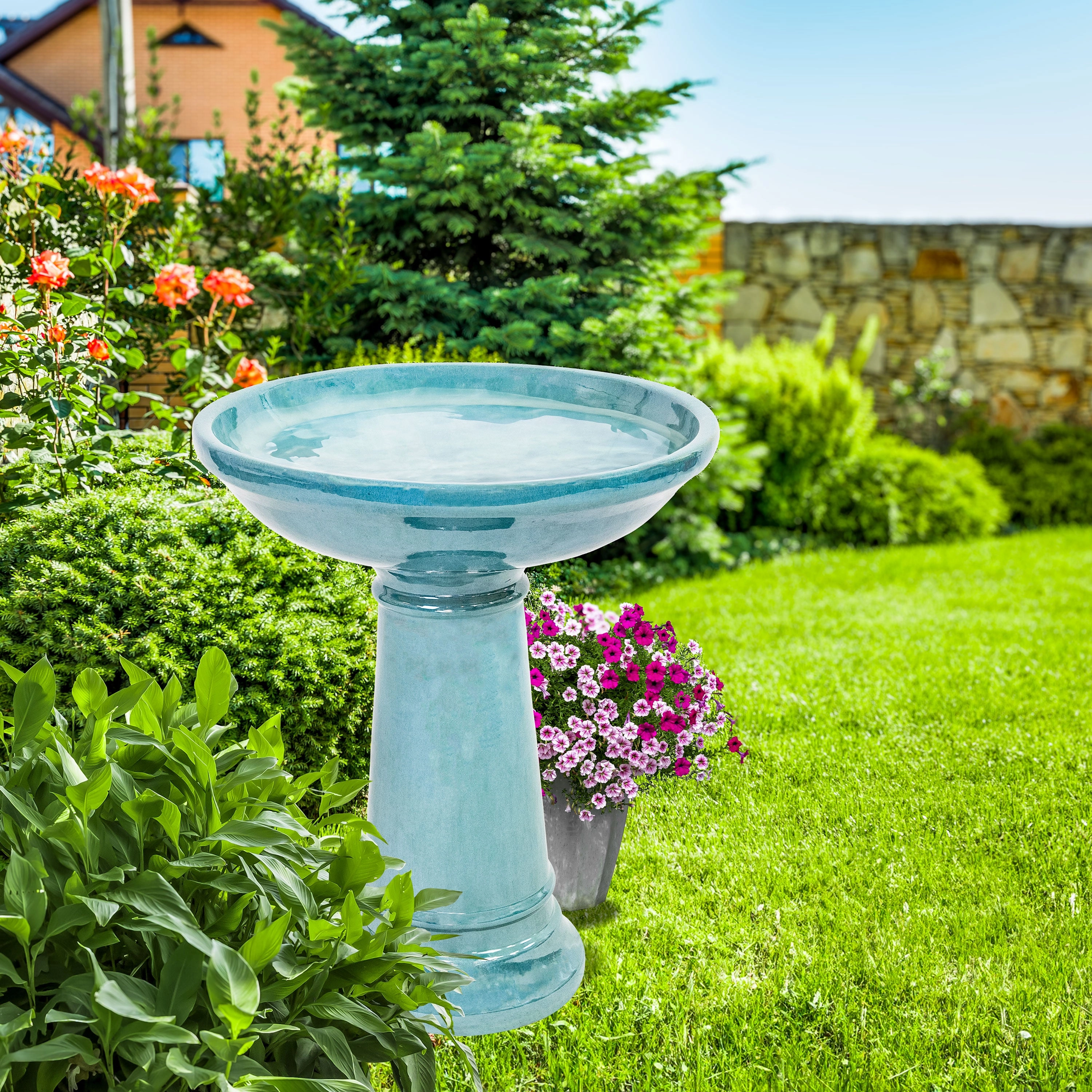 Sunnydaze Calais Glazed Ceramic Bird Bath - Jade Green - 25" H