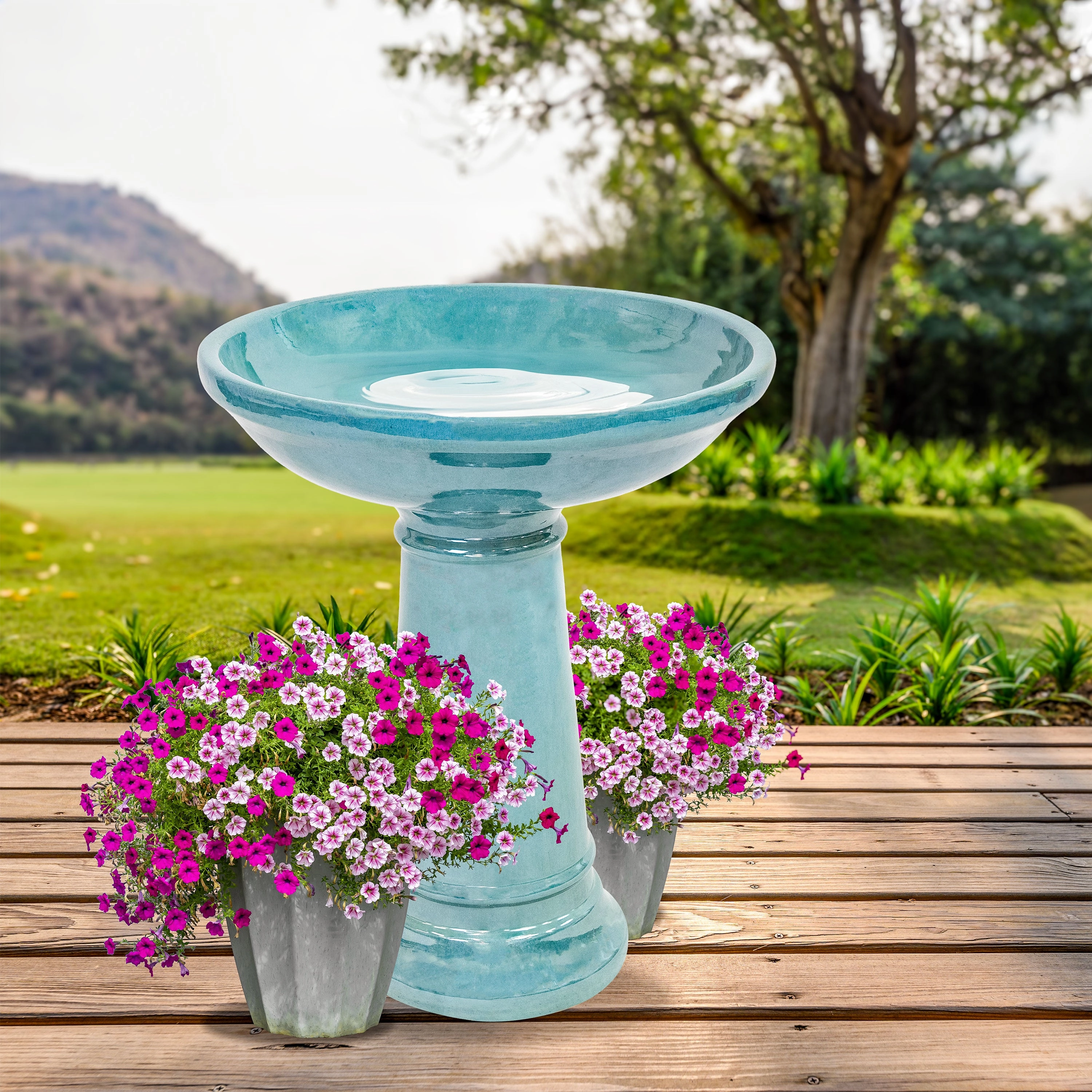Sunnydaze Calais Glazed Ceramic Bird Bath - Jade Green - 25" H