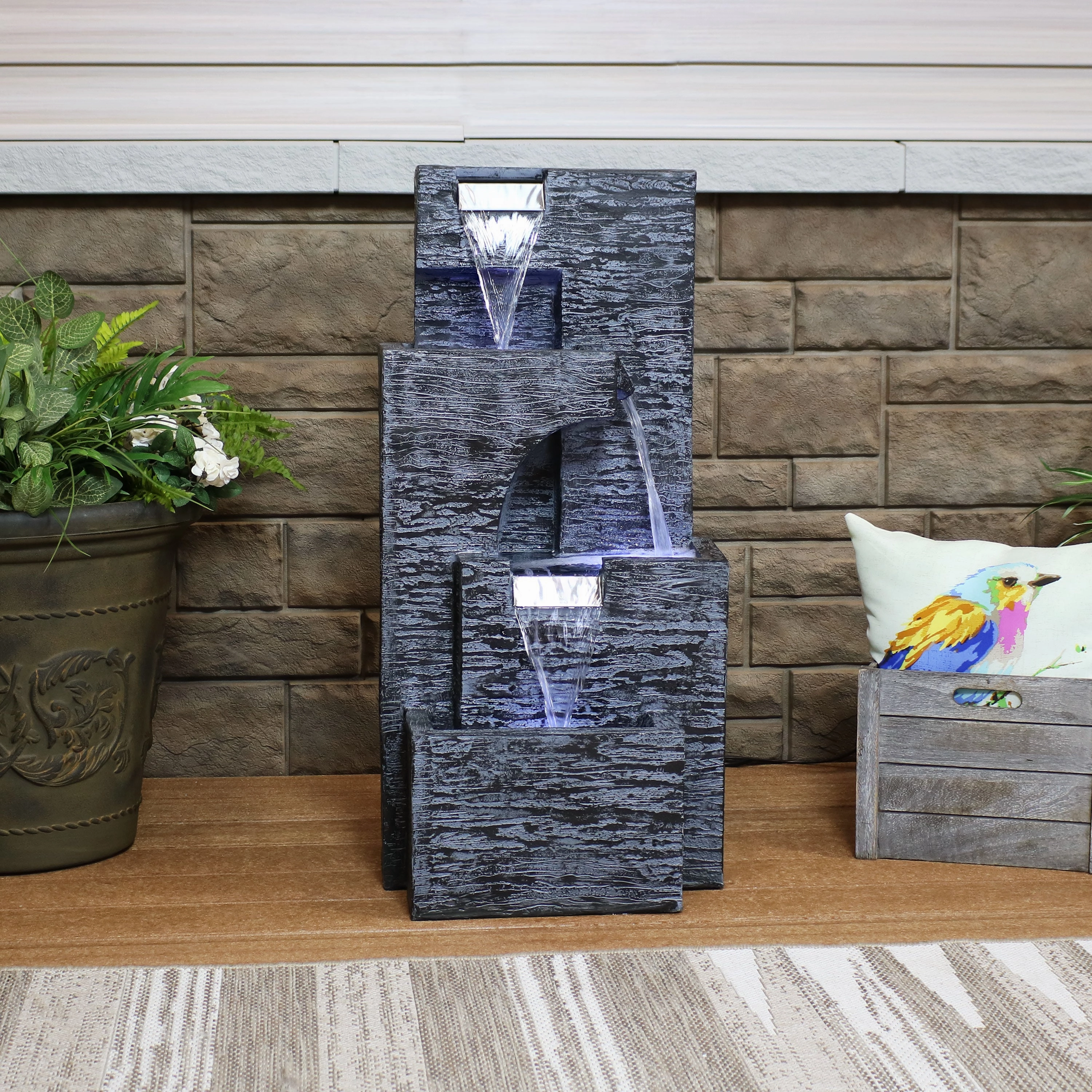 Sunnydaze Contemporary Cascading Tower Water Fountain with LED Lights and Electric Submersible Pump - 32"